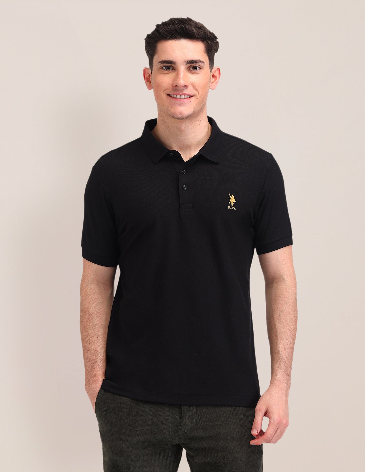 Solid Pattern Cotton Polo Shirt Black - U.S. Polo Assn. India | Large