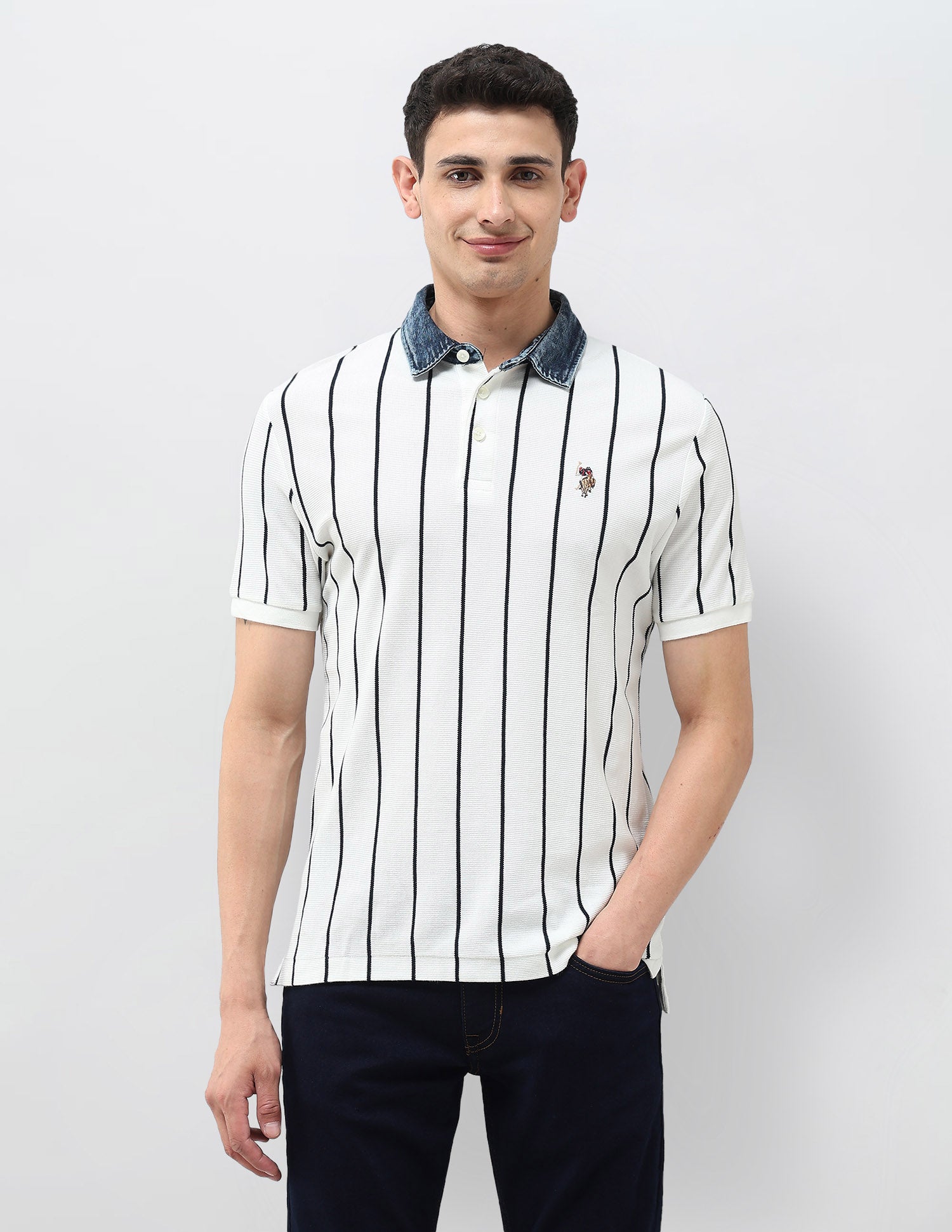 Monochrome Vertical Striped Polo Shirt Ivory - U.S. POLO ASSN. | Large