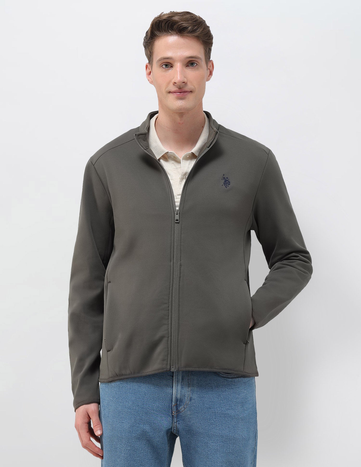 Solid Regular Fit Zipper Sweatshirt Grey - U.S. POLO ASSN. | Large