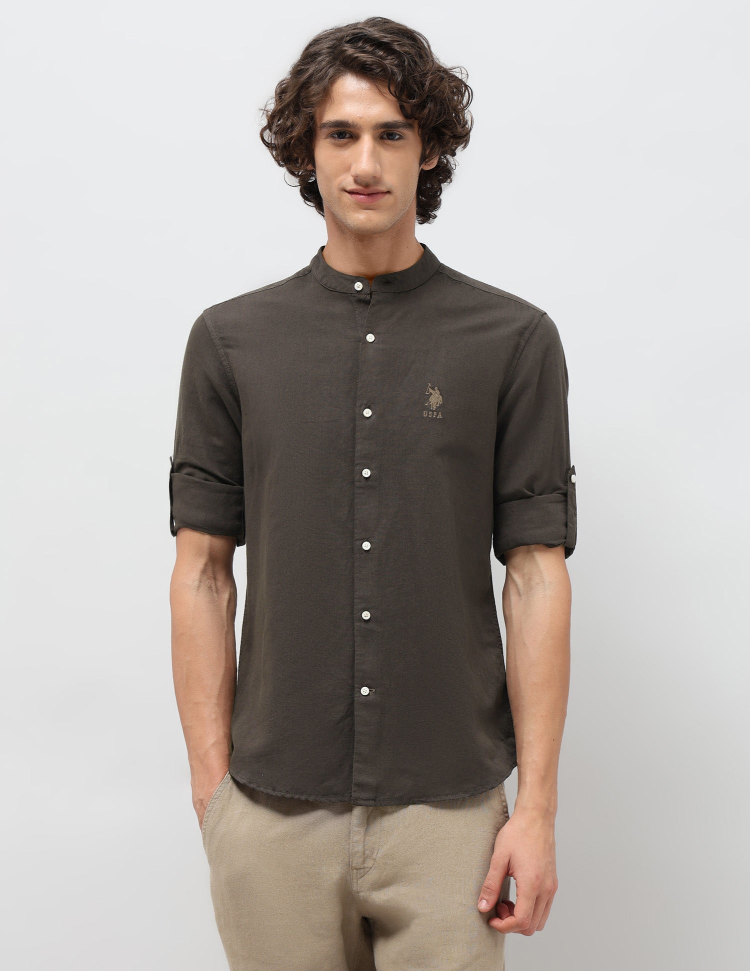 Solid Regular Fit Mandarin Shirt Choco - U.S. POLO ASSN. | Large