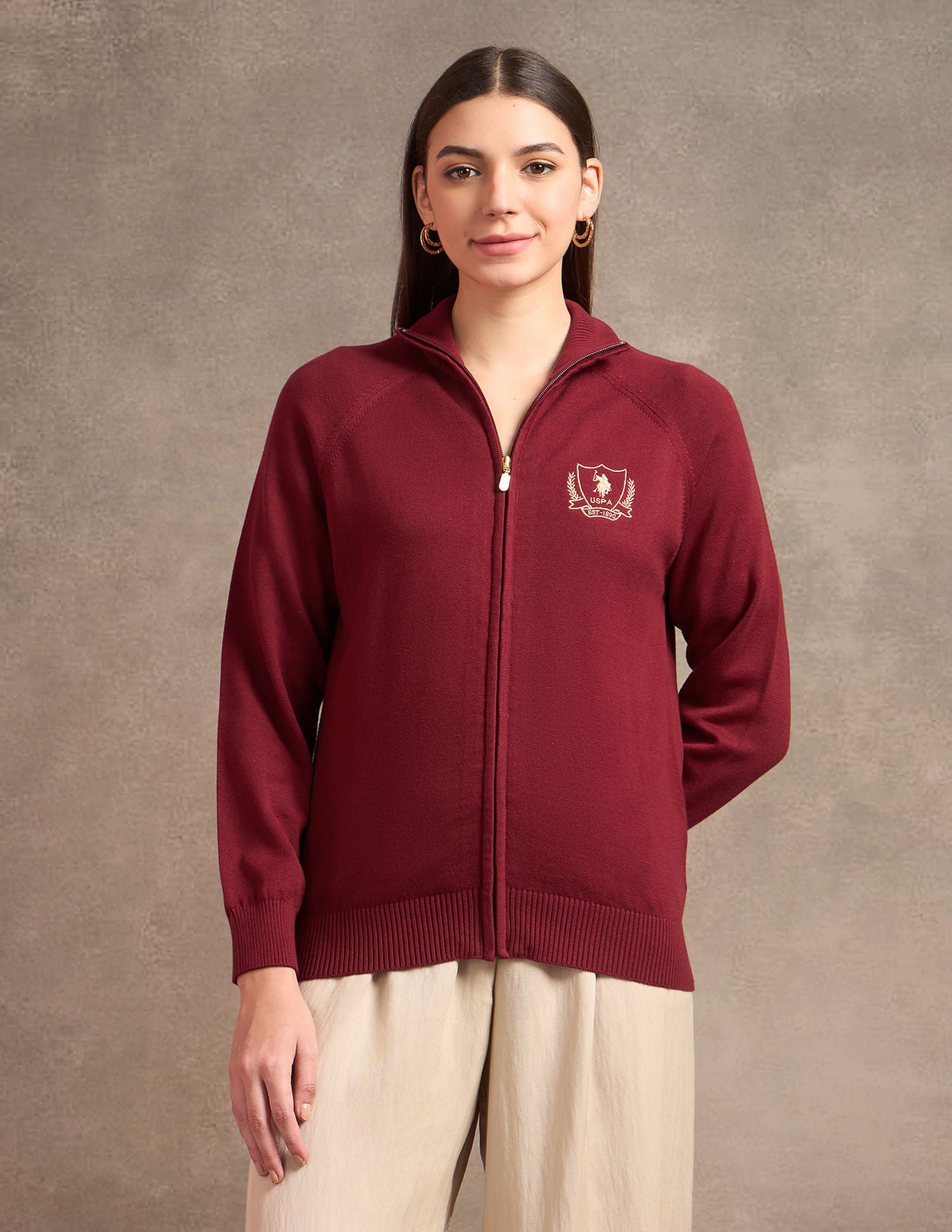 Crest Logo Full Zipper Sweater Red - U.S. POLO ASSN. | Large