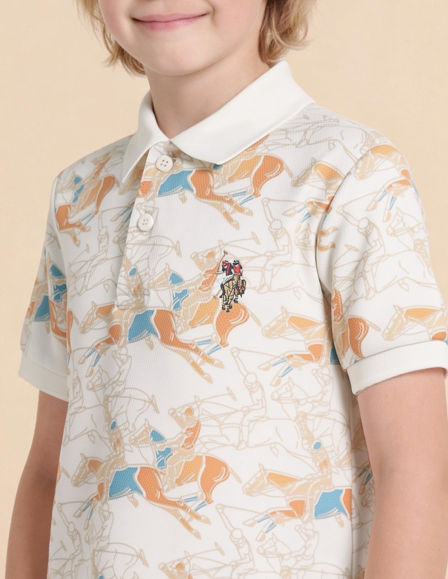 Boys Graphic Printed Regular Fit Polo Shirt Off White - U.S. Polo Assn. India | Large