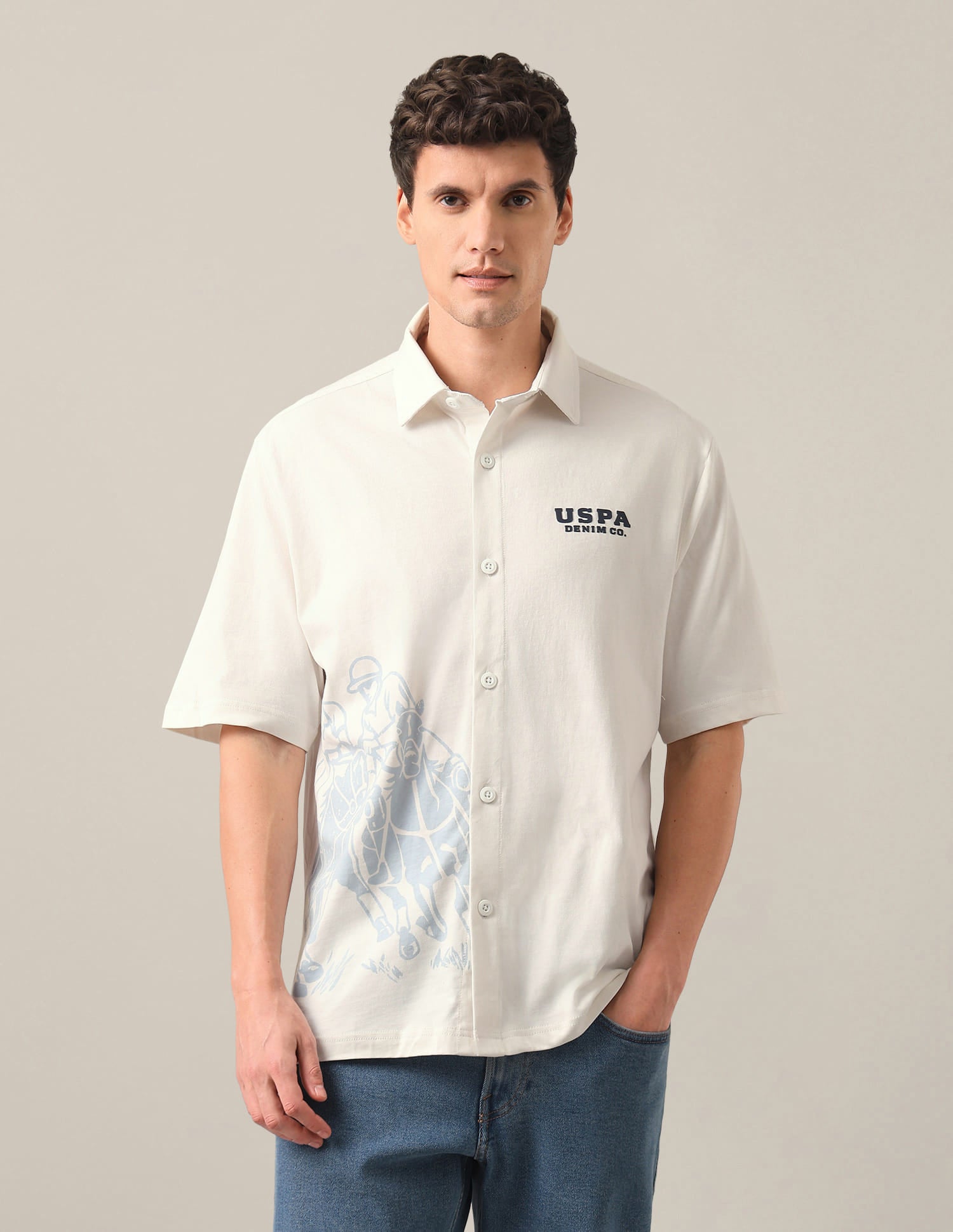 Graphic Brand Printed Slim Fit Polo Shirt White - U.S. Polo Assn. India | Large