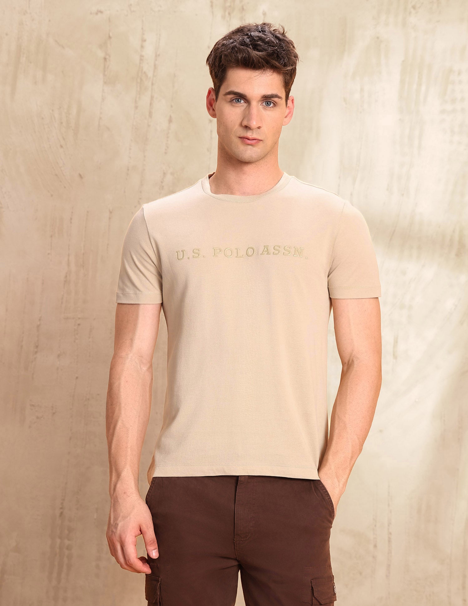Brand Embossed Slim Fit T-Shirt Beige - U.S. POLO ASSN. | Large
