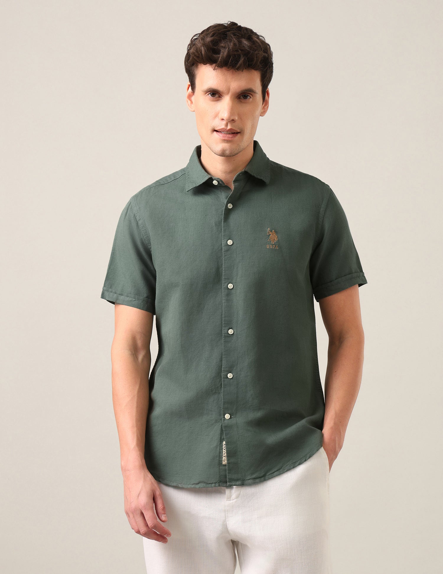 Solid Regular Fit Shirt Olive - U.S. Polo Assn. India | Large