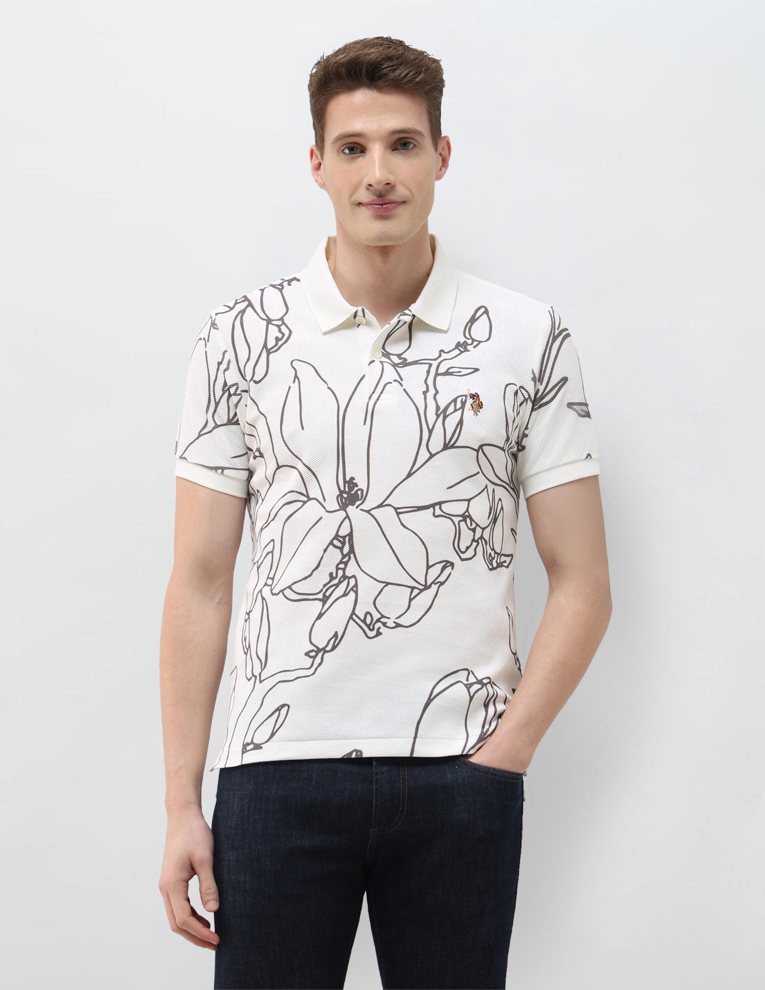 Floral Printed Summer House Polo Shirt Ivory - U.S. Polo Assn. India | Large