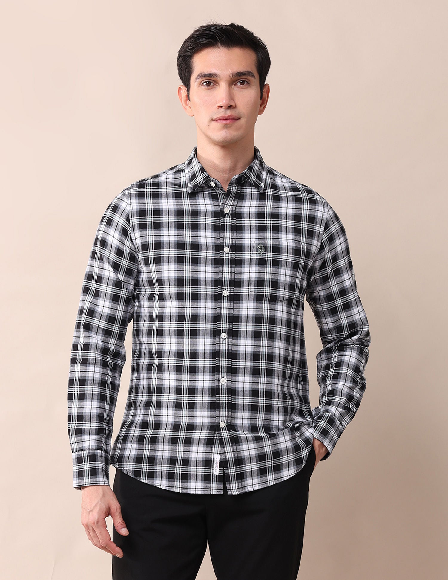 Tailored Fit Twill Checked Shirt Black - U.S. Polo Assn. India | Large