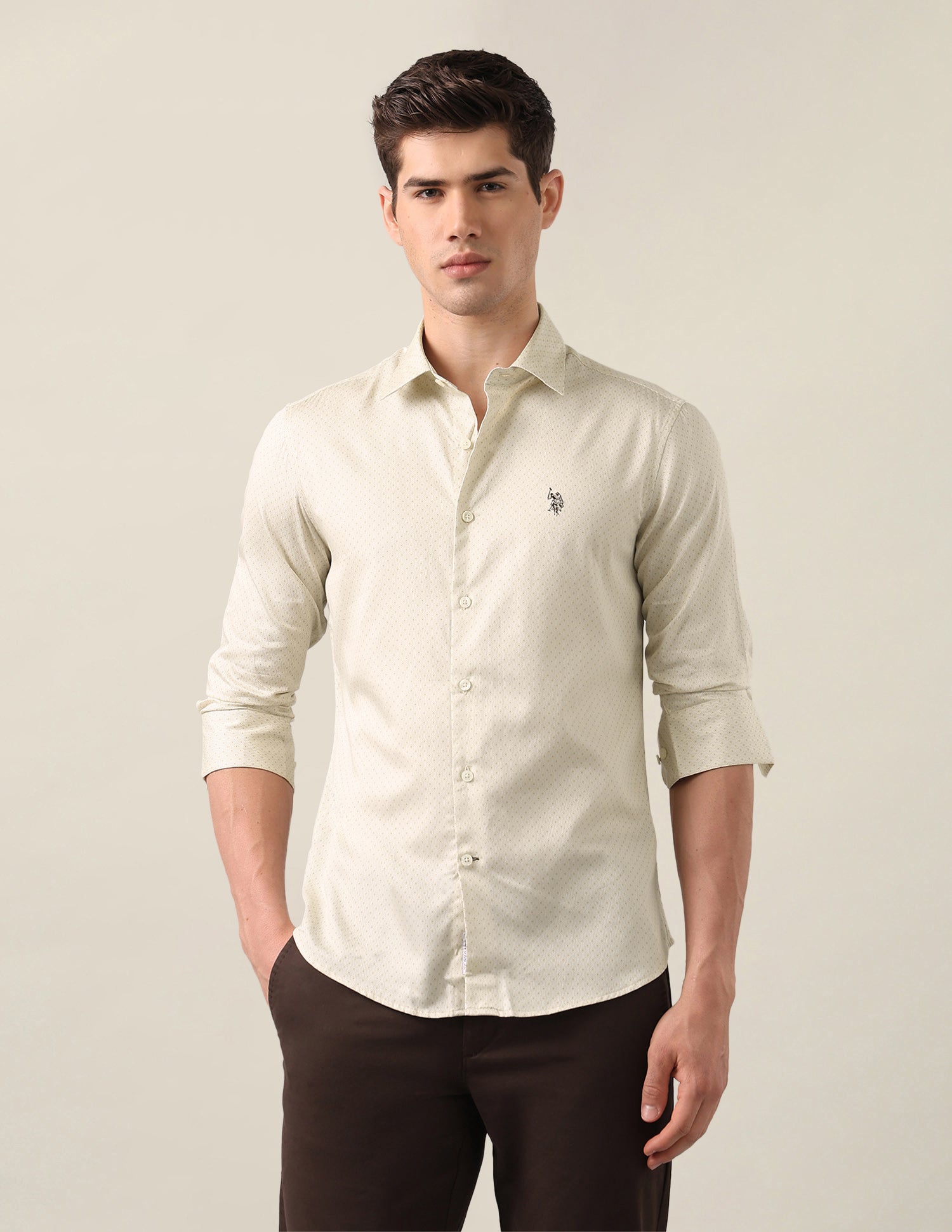 Geometric Printed Satin Shirt Beige - U.S. Polo Assn. India | Large