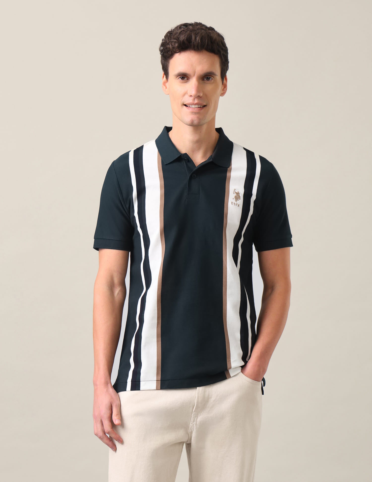 Vertical Striped Slim Fit Polo Shirt Dark Green - U.S. Polo Assn. India | Large
