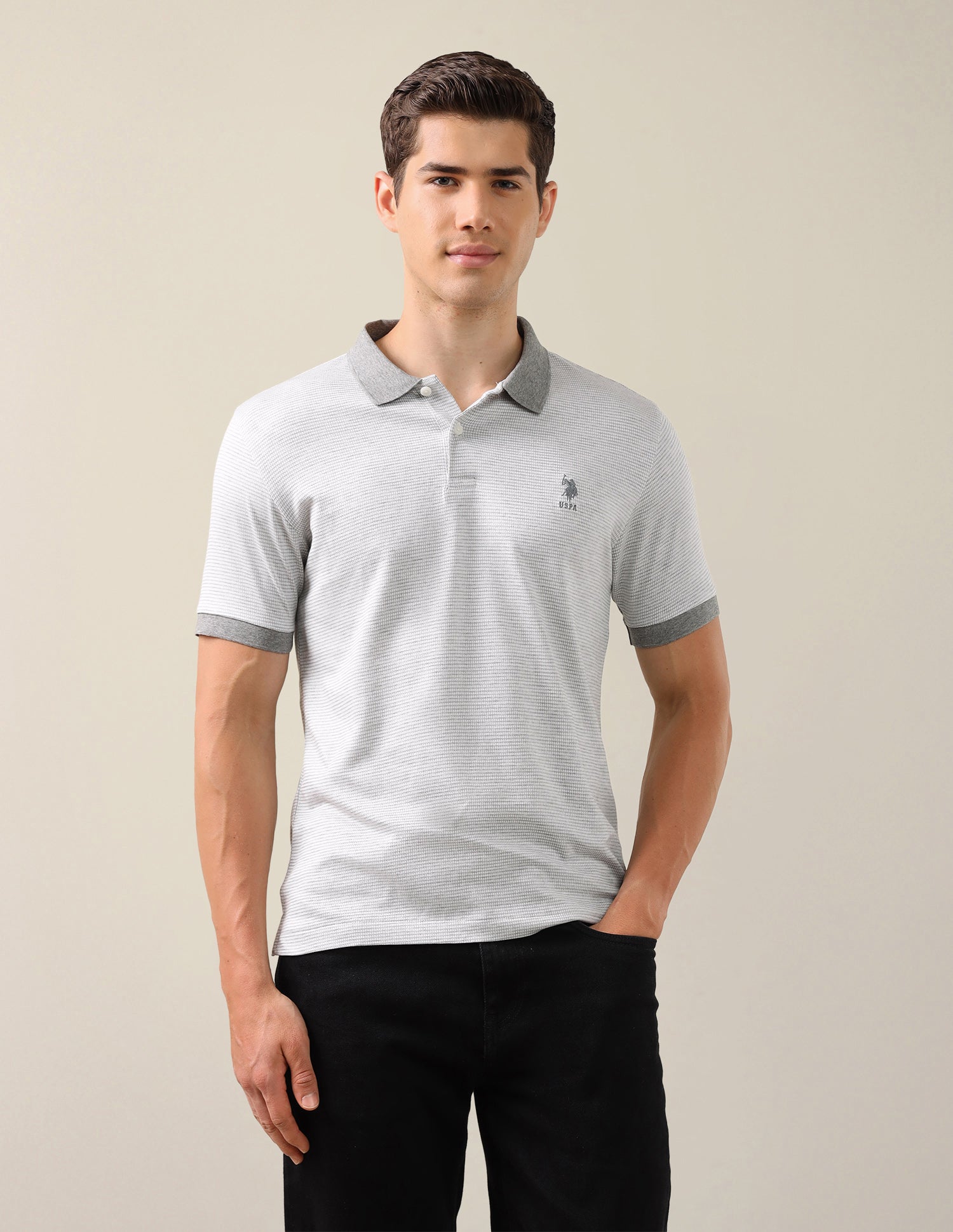 Textured Slim Fit Polo Shirt Light Grey - U.S. Polo Assn. India | Large