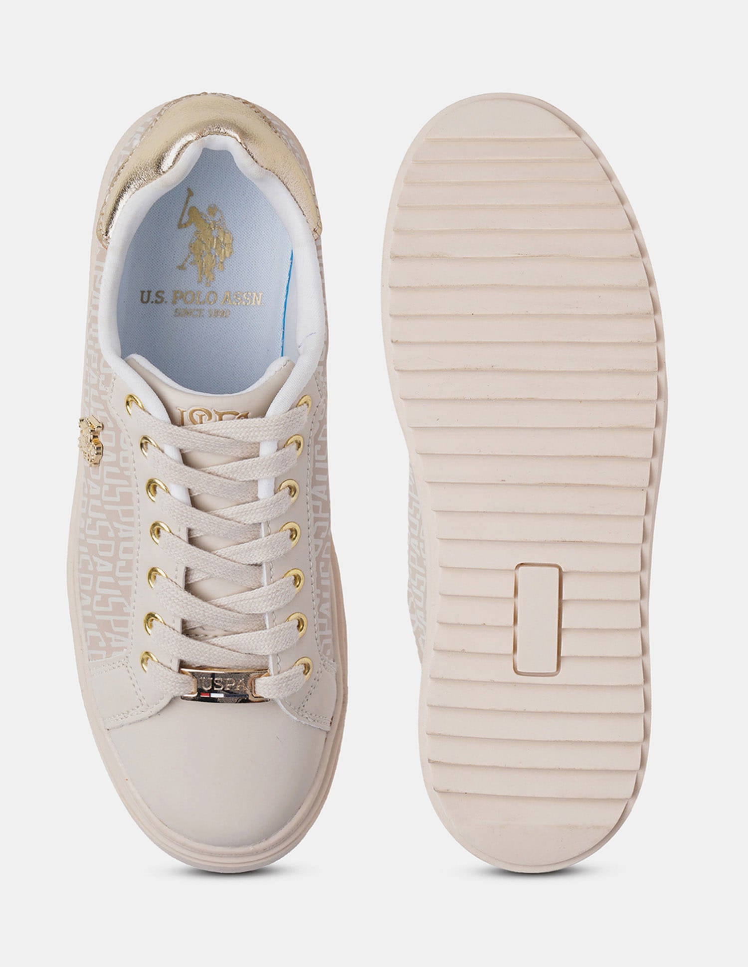 Round Toe Brand Printed Narcisa Sneakers Beige - U.S. Polo Assn. India | Large