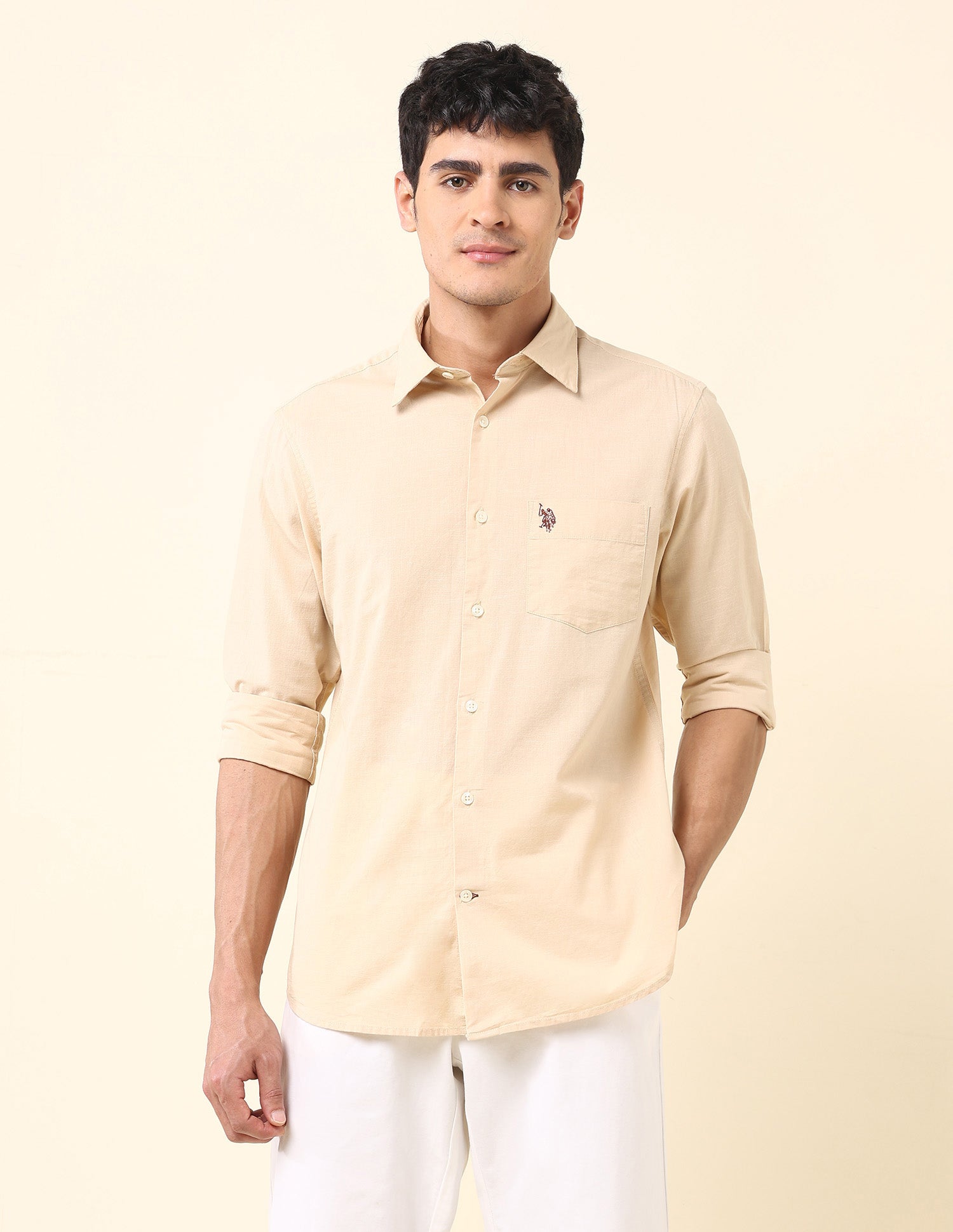 Solid Twill Tailored Fit Shirt Beige - U.S. Polo Assn. India | Large