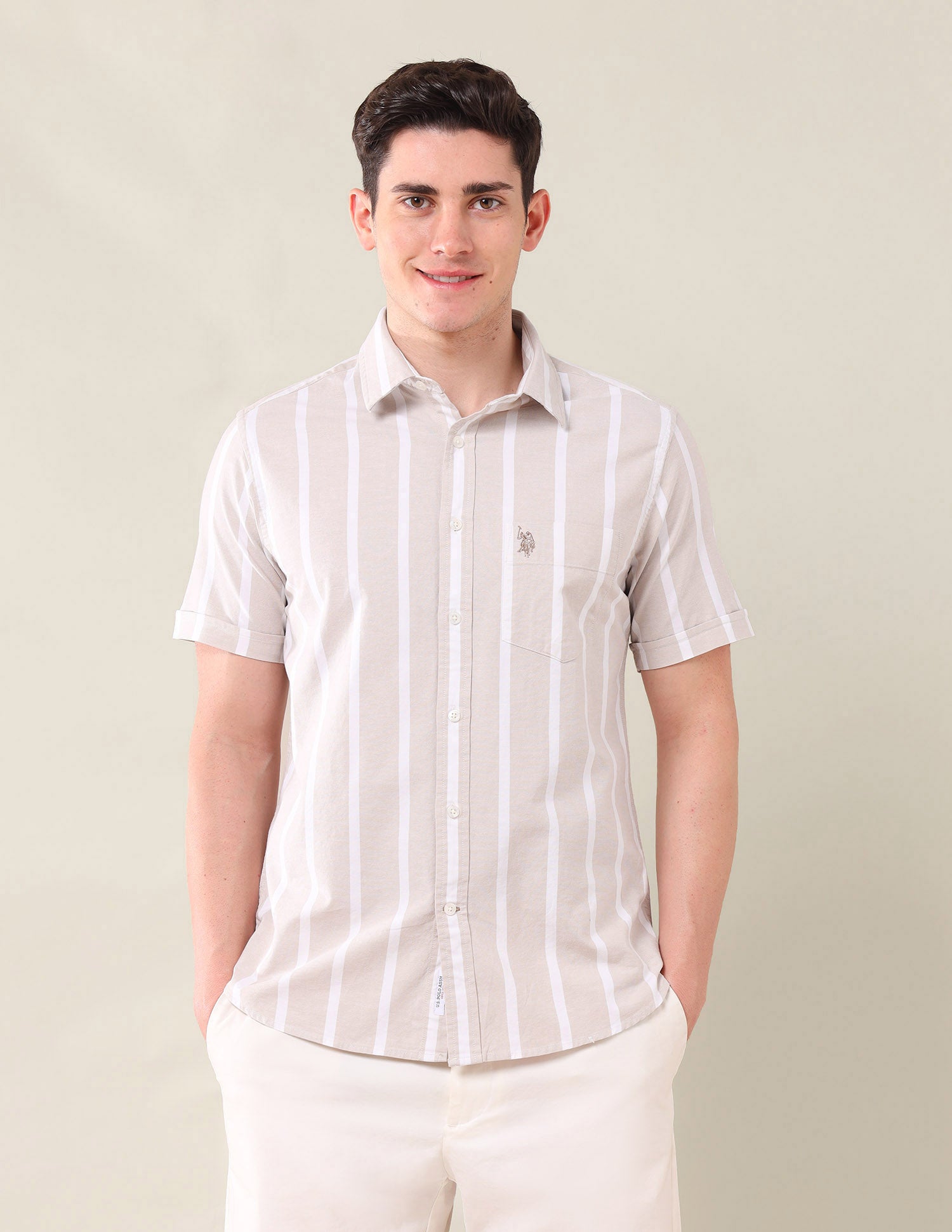 Vertical Striped Tailored Fit Shirt Beige - U.S. Polo Assn. India | Large