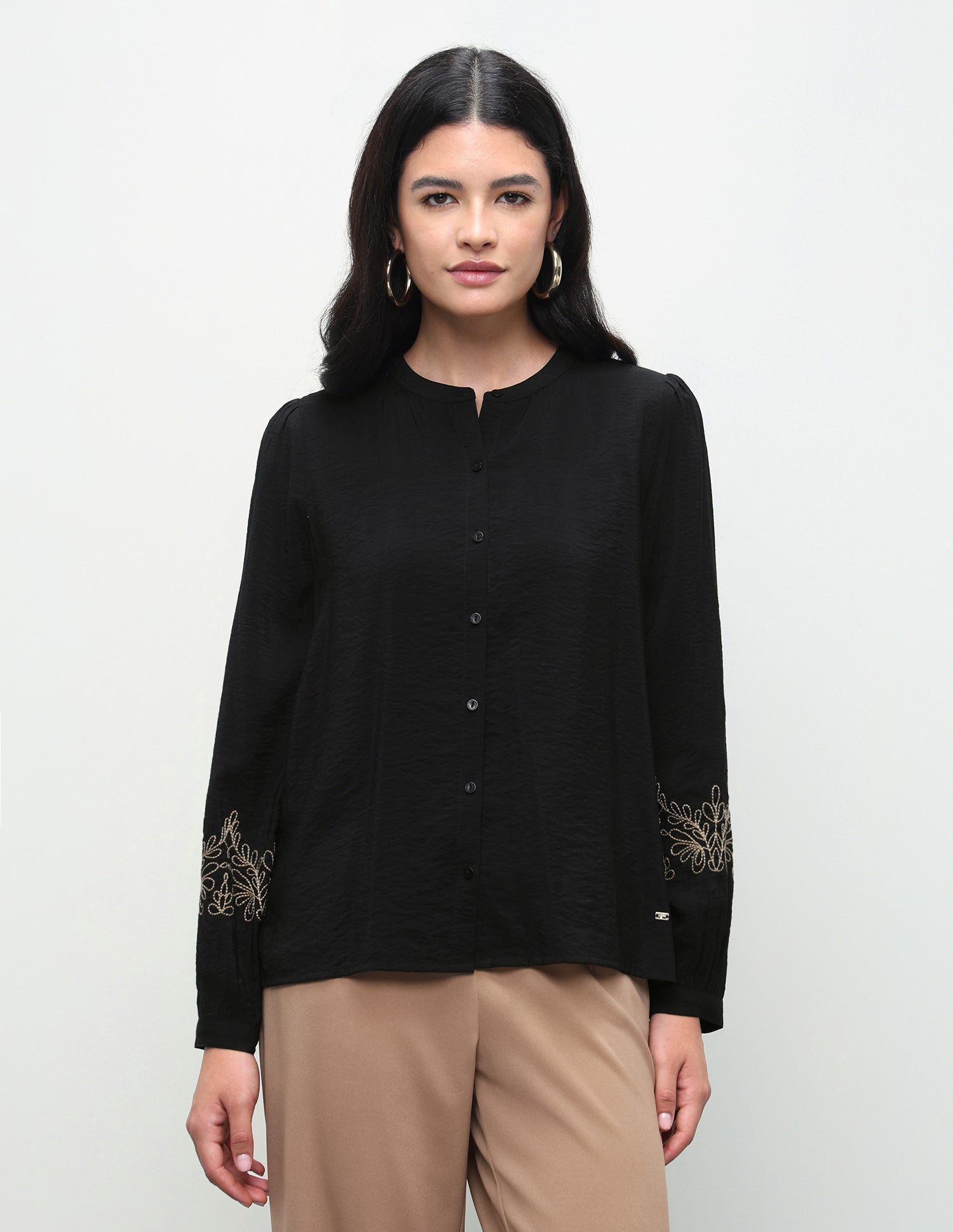 Solid Floral Embroidery Regular Fit Top Black - U.S. Polo Assn. India | Large
