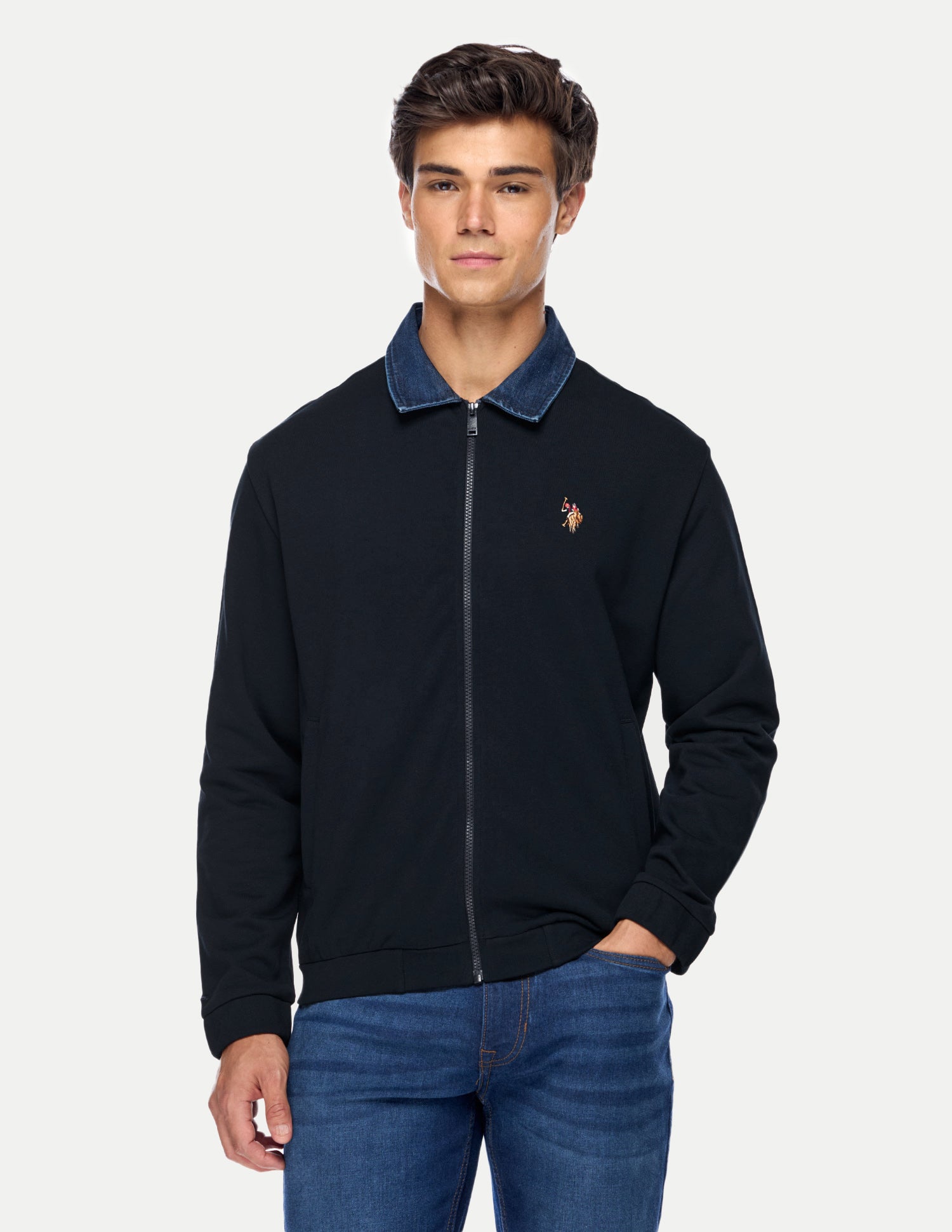 Solid Regular Fit Zipper Sweatshirt Navy - U.S. Polo Assn. India | Large