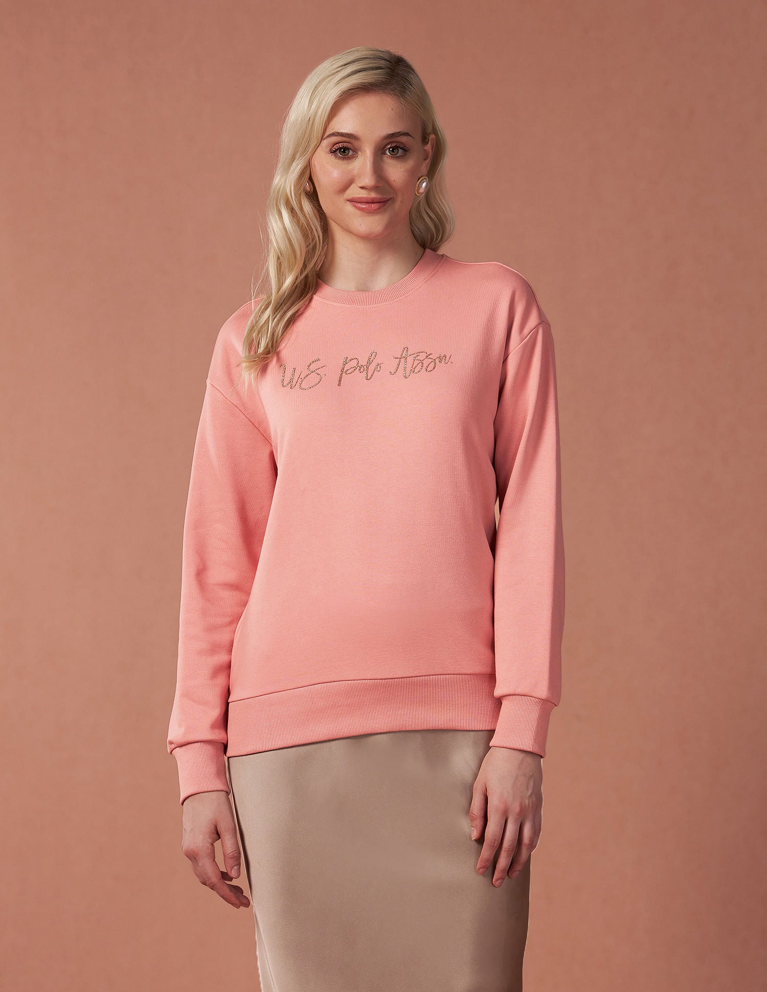 Drop Shoulder Glitter Print Sweatshirt Peach - U.S. POLO ASSN. | Large