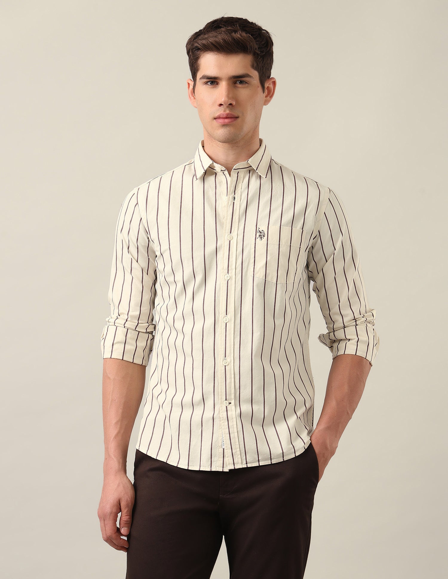 Tailored Fit Vertical Striped Shirt Light Khaki - U.S. Polo Assn. India | Large