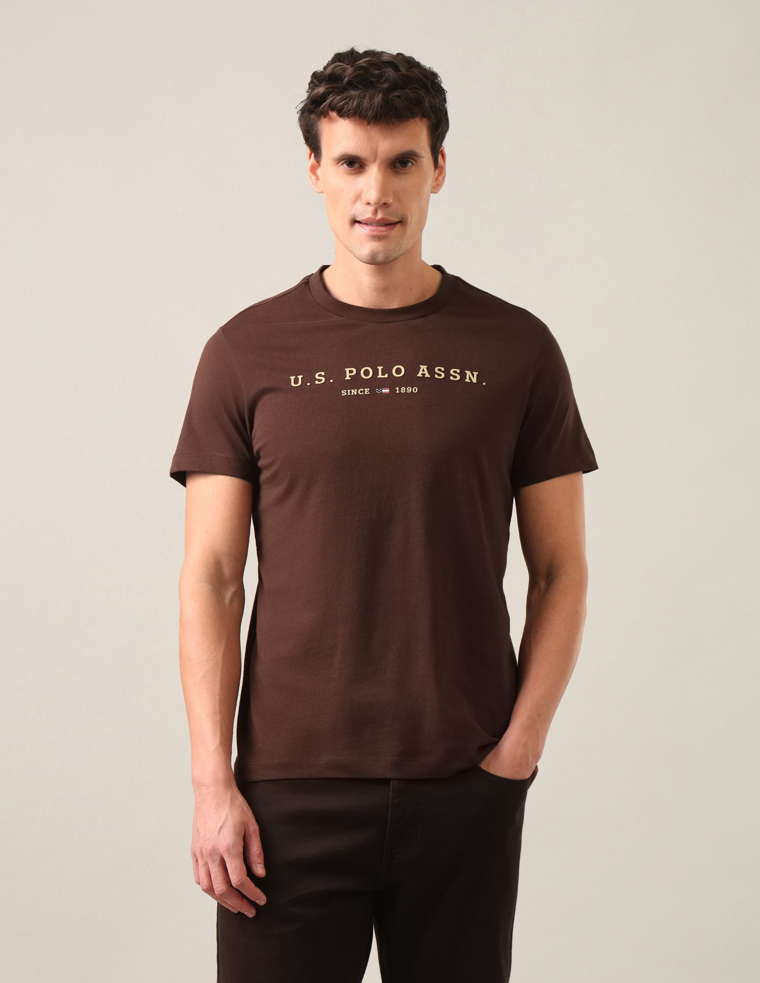 Brand Embossed Regular Fit T-Shirt Dark Brown - U.S. Polo Assn. India | Large