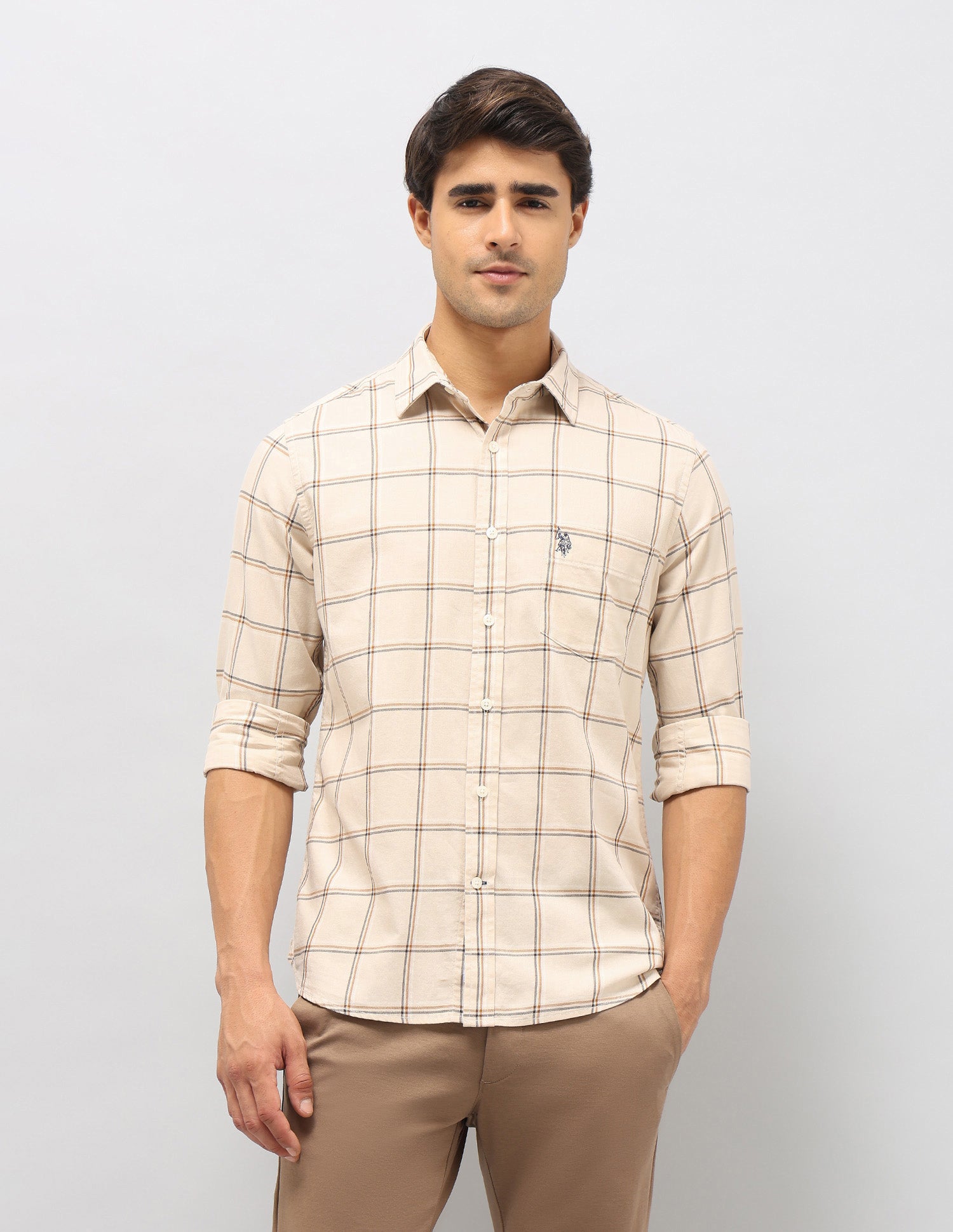 Windowpane Checked Pure Cotton Shirt Beige - U.S. Polo Assn. India | Large
