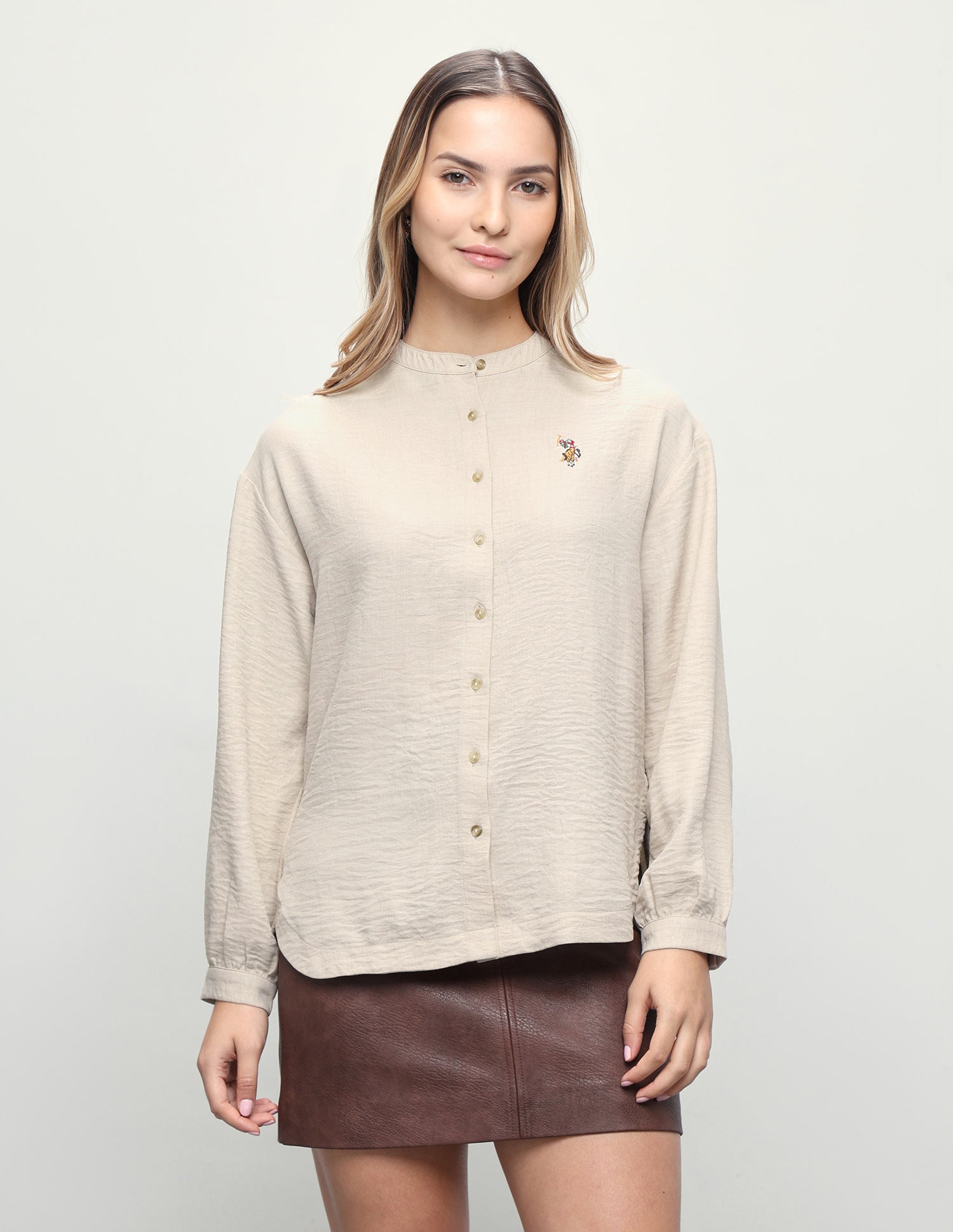 Relaxed Fit Mandarin Shirt Beige - U.S. Polo Assn. India | Large