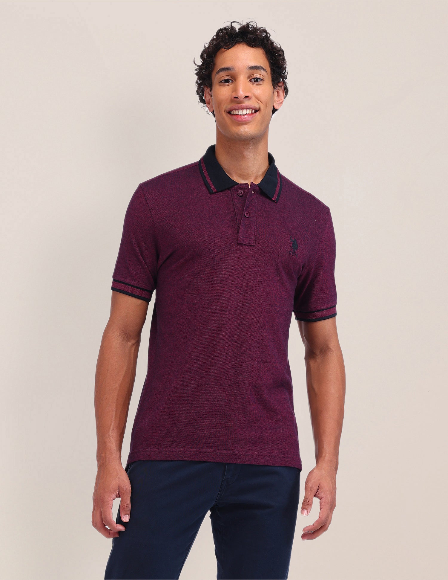Textured Cotton Polo Shirt Purple - U.S. Polo Assn. India | Large