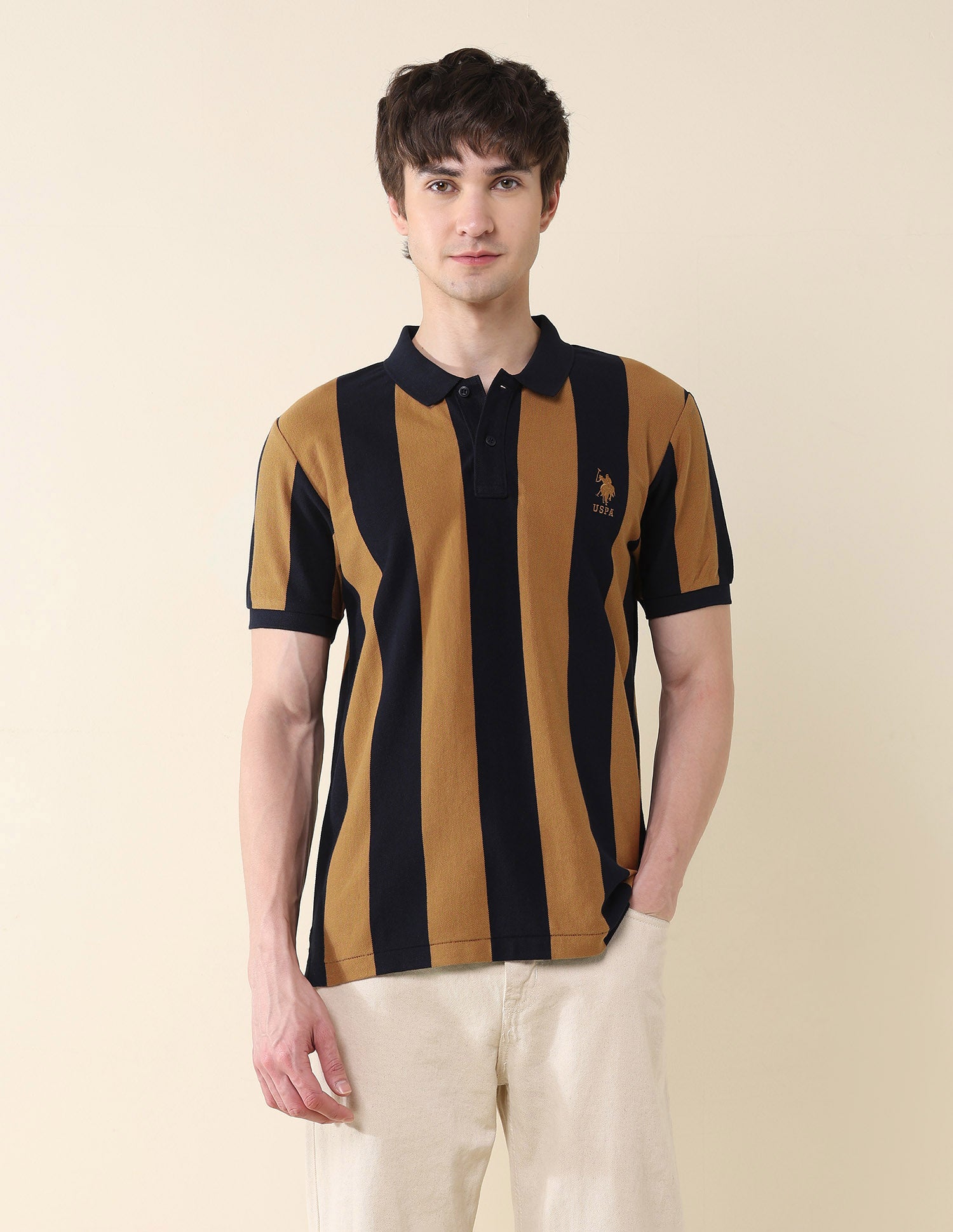 Vertical Striped Pure Cotton Gold Cup Polo Shirt Brown - U.S. Polo Assn. India | Large