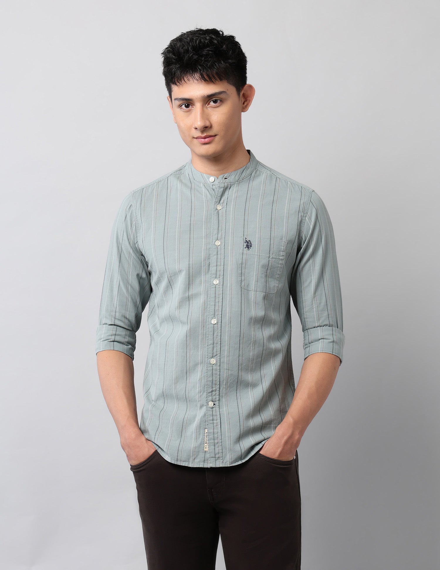 Pure Cotton Vertical Striped Mandarin Shirt Green - U.S. Polo Assn. India | Large
