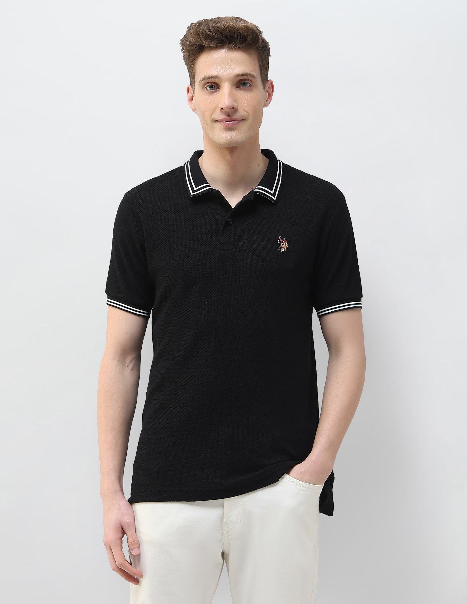 Textured Motel On The Coast Polo Shirt Black - U.S. Polo Assn. India | Large