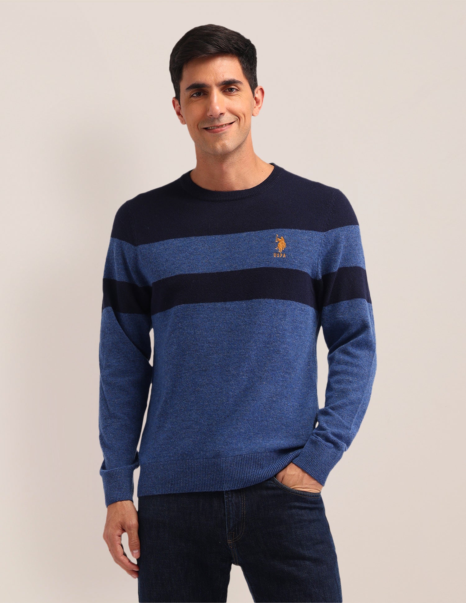 Colour Blocked Regular Fit Sweater Navy - U.S. Polo Assn. India | Large