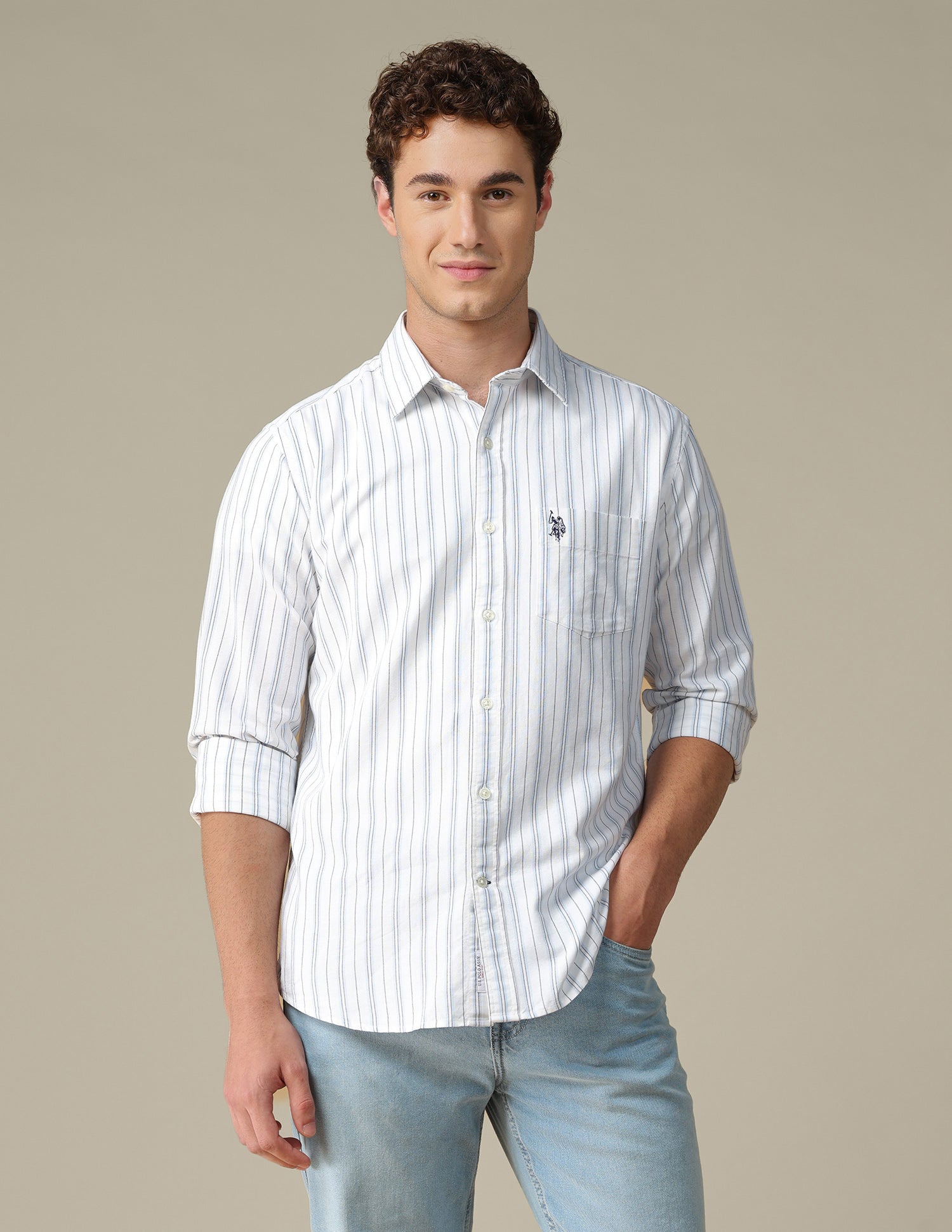 Tailored Fit Vertical Striped Shirt Light Blue - U.S. Polo Assn. India | Large