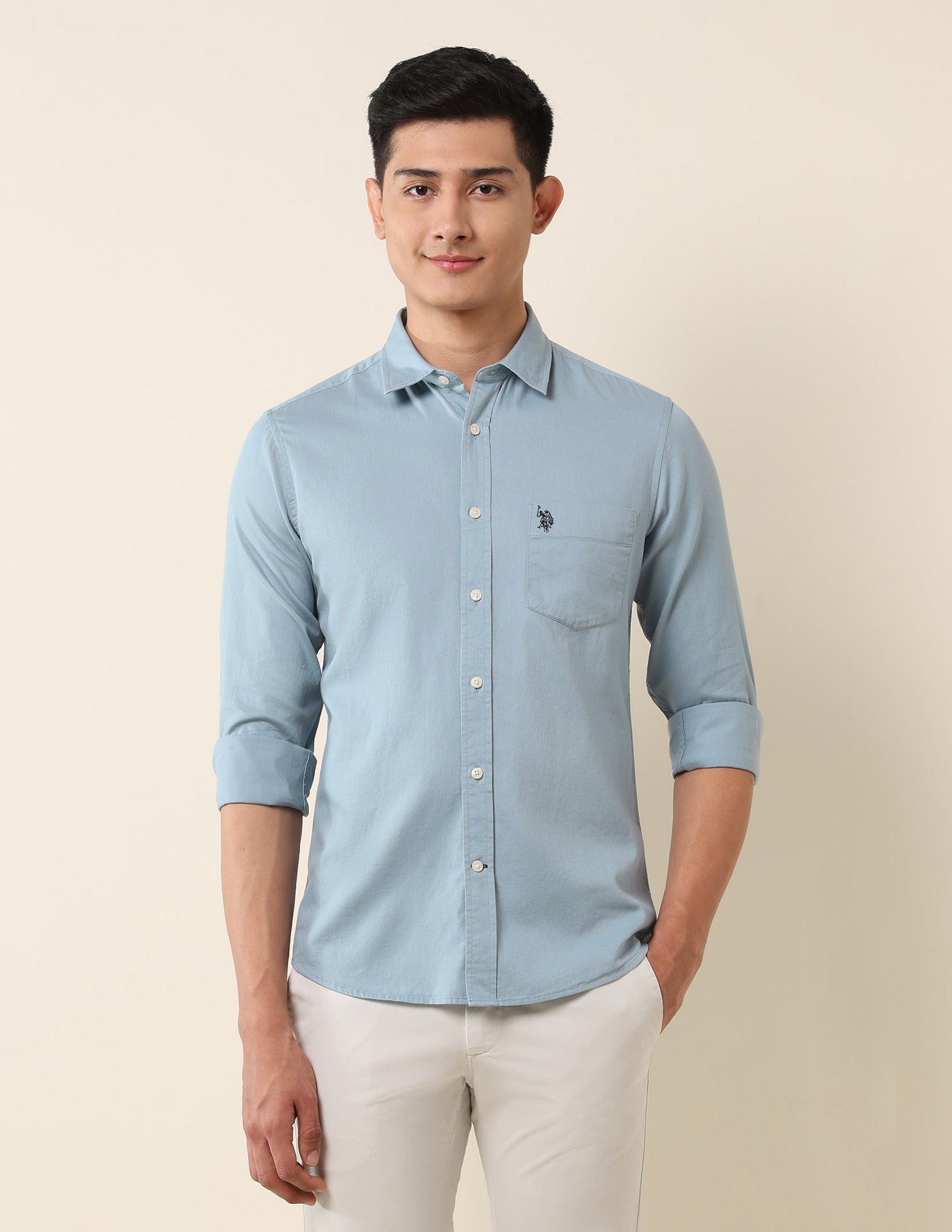 Pure Cotton Dobby Tailored Fit Shirt Light Blue - U.S. Polo Assn. India | Large