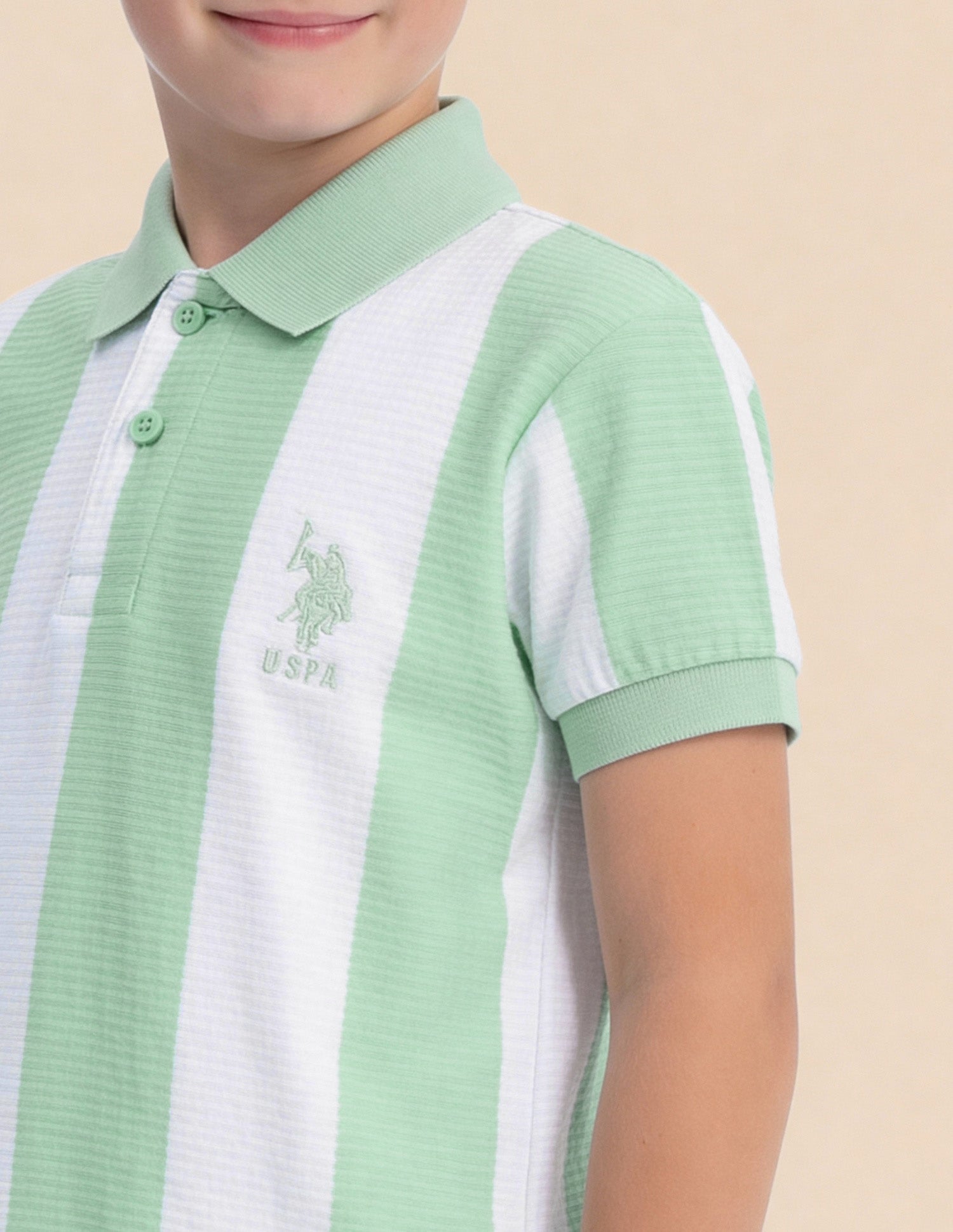 Boys Vertical Striped Regular Fit Polo Shirt Light Green - U.S. Polo Assn. India | Large