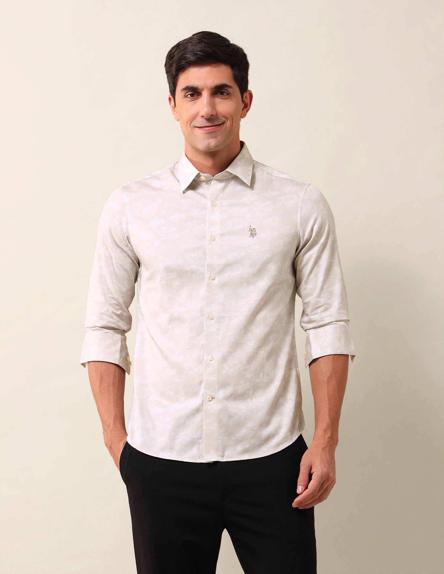 All-Over Printed Tailored Fit Shirt Khaki - U.S. Polo Assn. India | Large