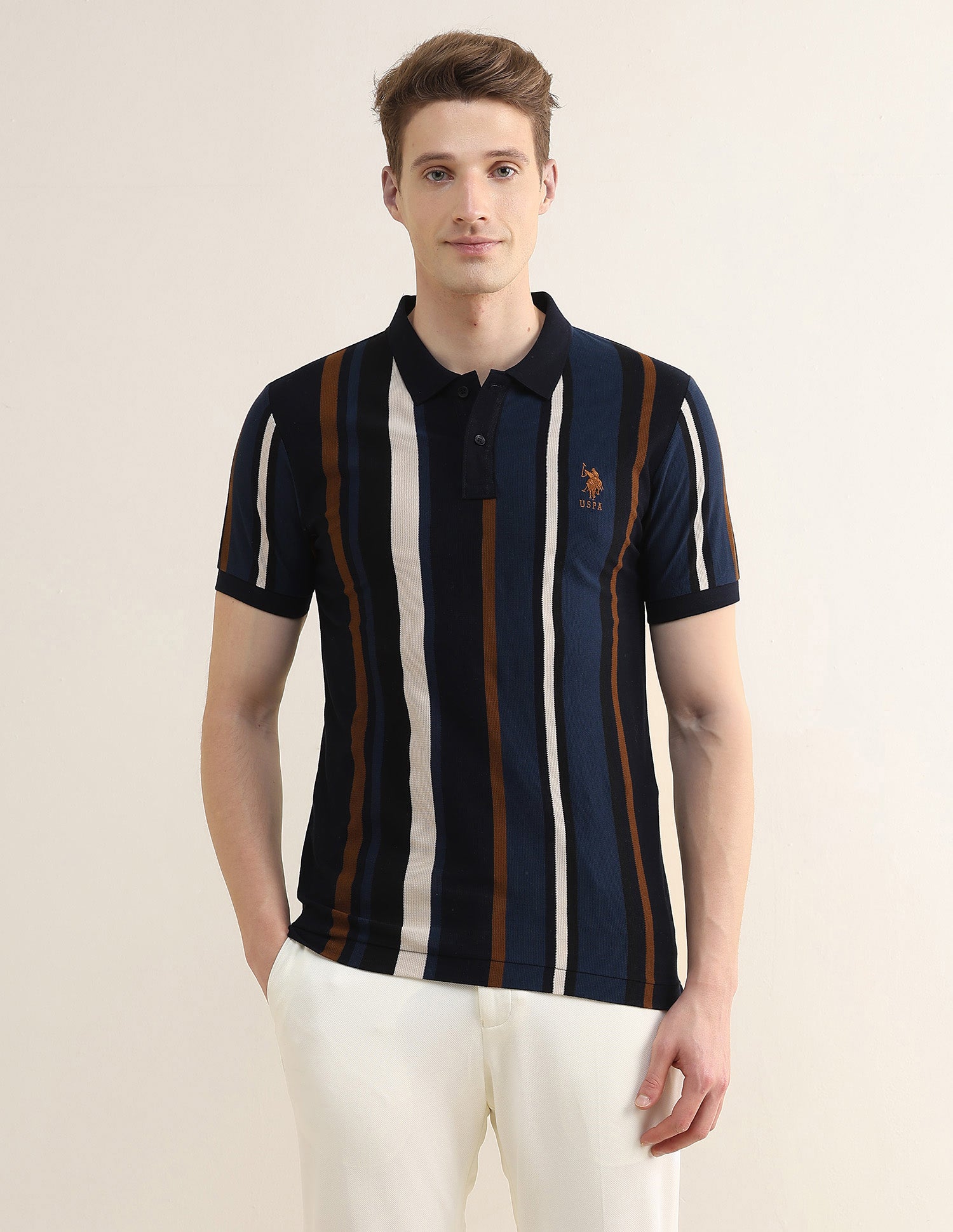 Vertical Striped Colorblocked Slim Fit Polo Shirt Navy - U.S. Polo Assn. India | Large