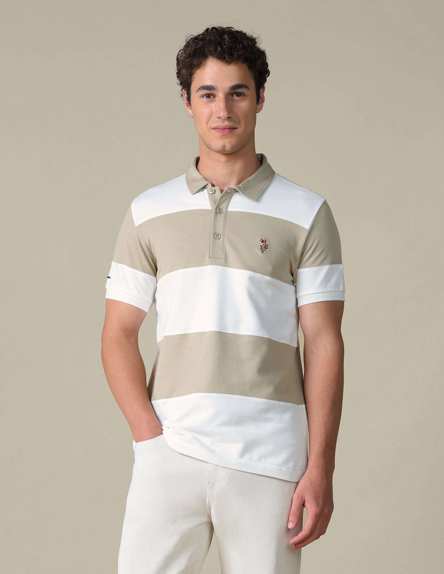 Horizontal Striped Slim Fit Polo Shirt Khaki - U.S. Polo Assn. India | Large