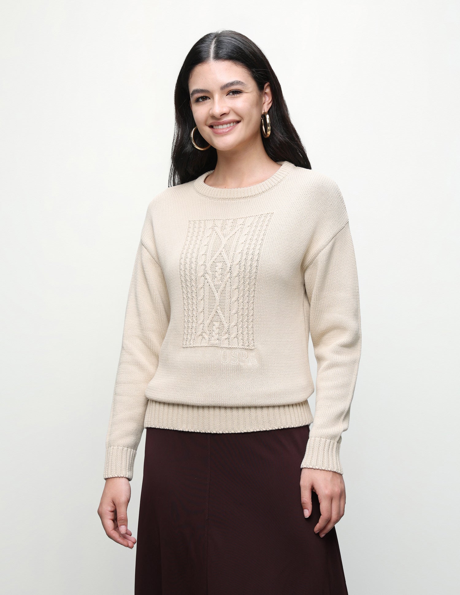 Cable Patterned Knit Relaxed Fit Sweater Ecru - U.S. Polo Assn. India | Large