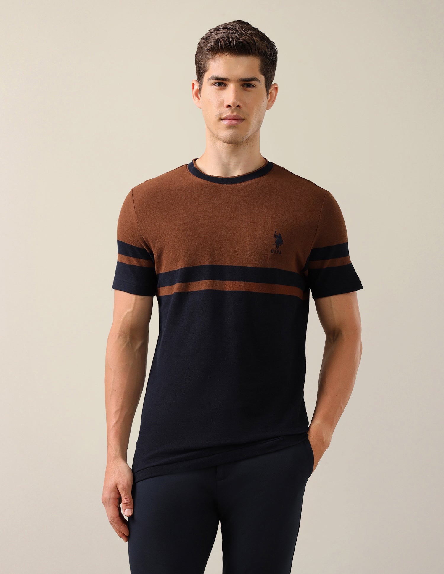 Colourblocked Slim Fit T-Shirt Brown - U.S. Polo Assn. India | Large