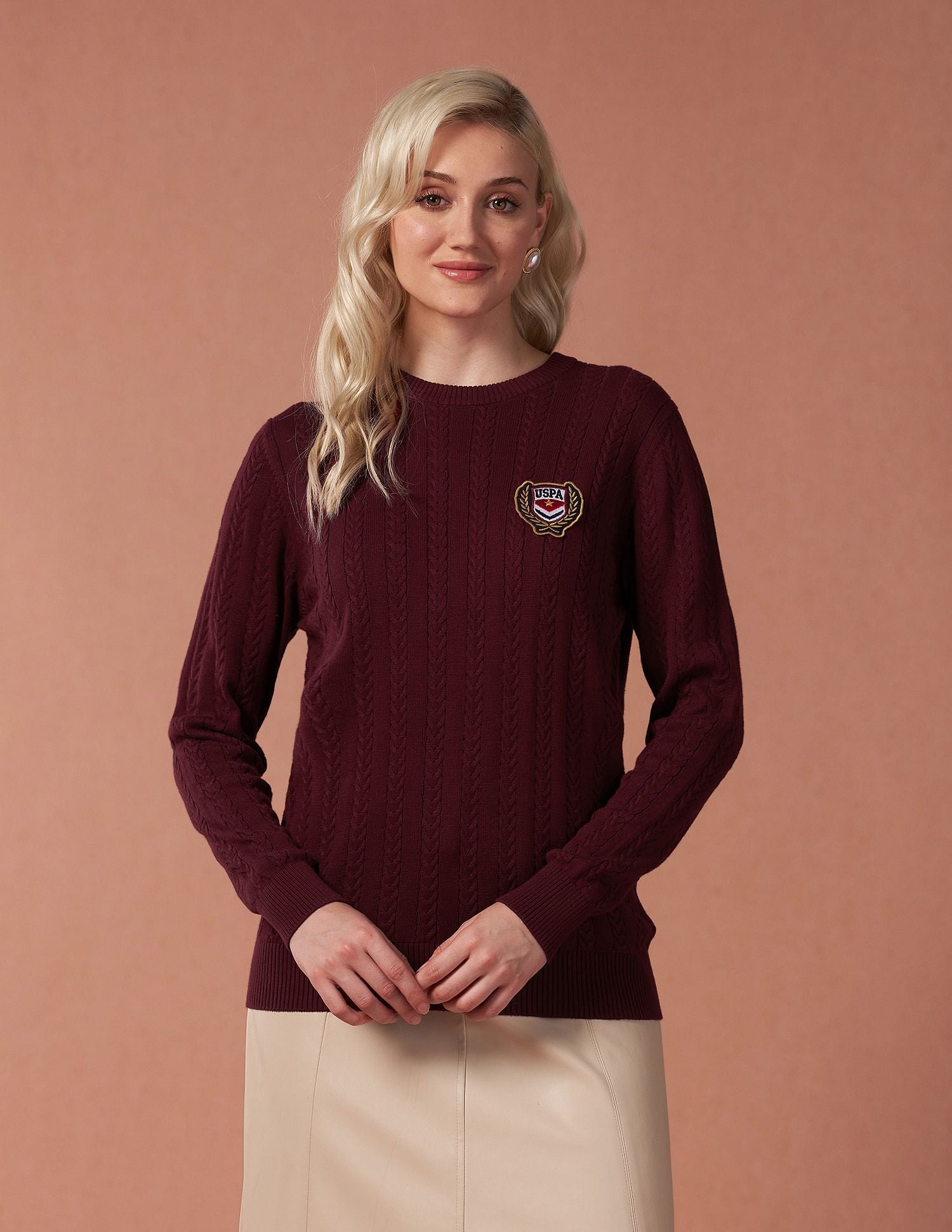 Crew Neck Cable Knit Sweater Red - U.S. Polo Assn. India | Large