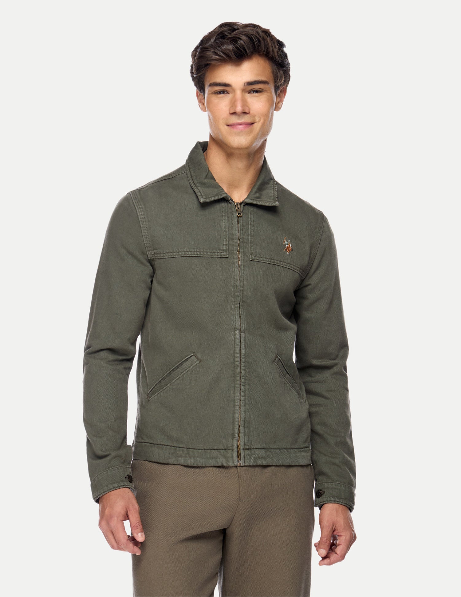 Solid Regular Fit Trucker Jacket Olive - U.S. Polo Assn. India | Large