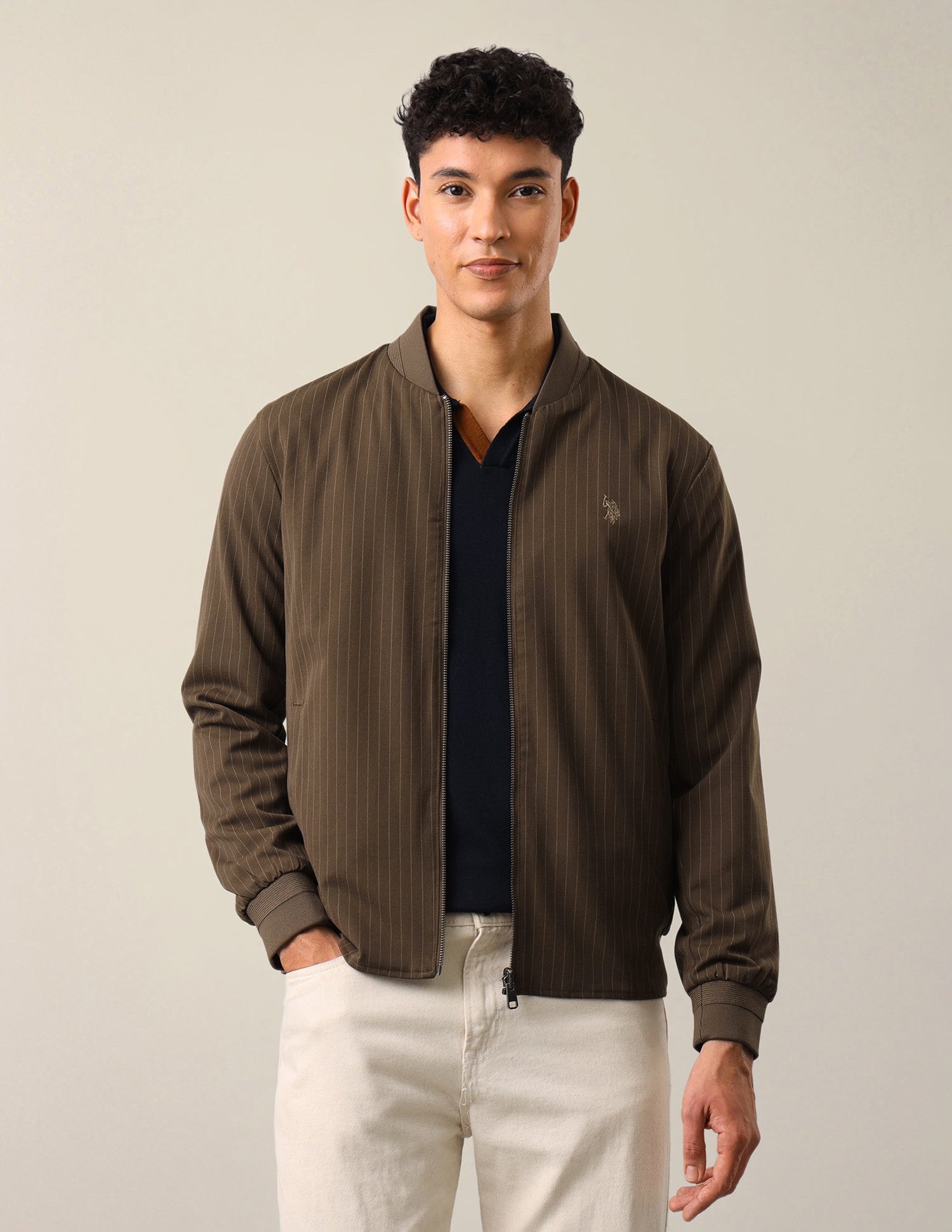 Vertical Striped Regular Fit Bomber Jacket Brown - U.S. Polo Assn. India | Large