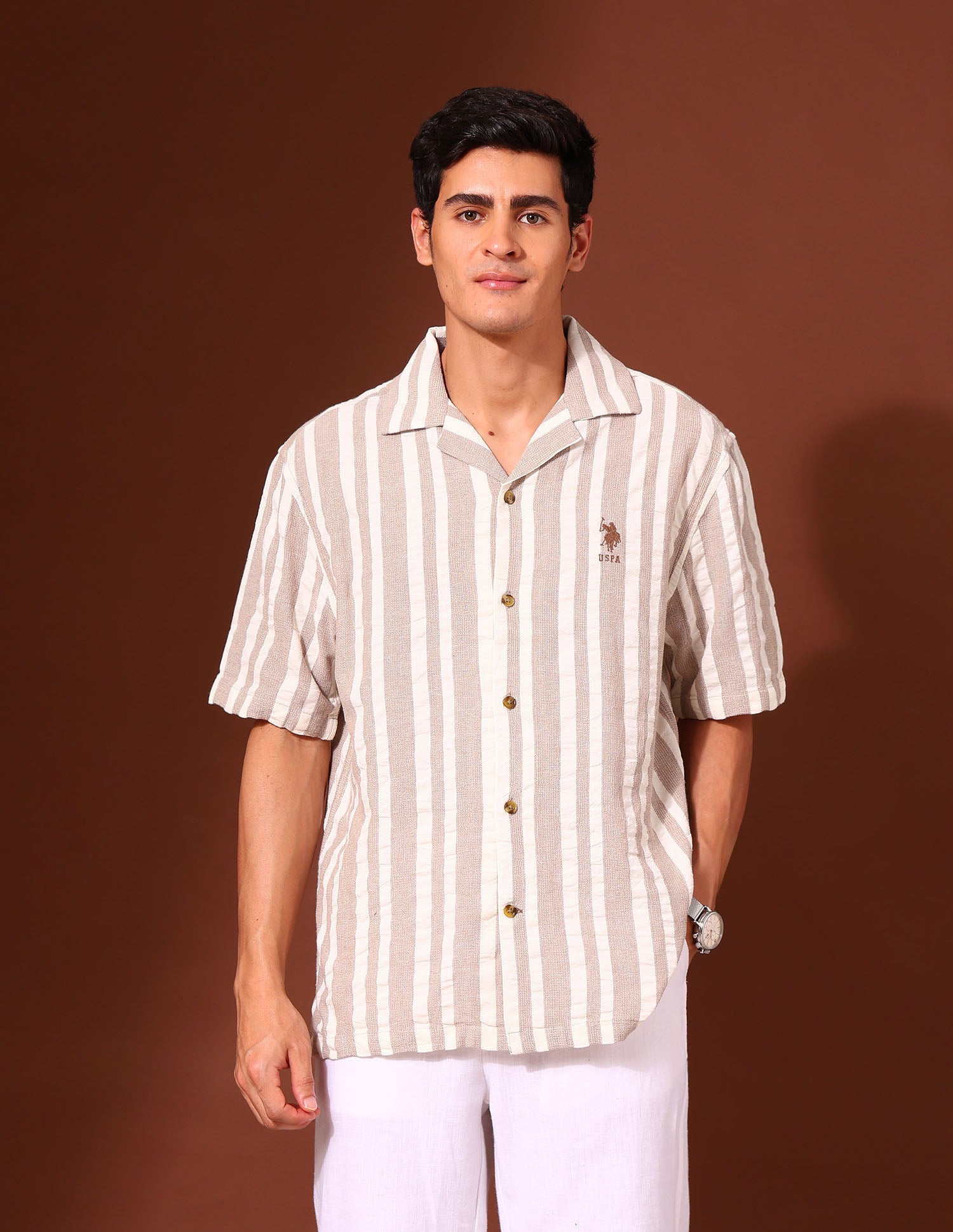 Vertical Striped Pure Cotton Shirt Brown - U.S. Polo Assn. India | Large