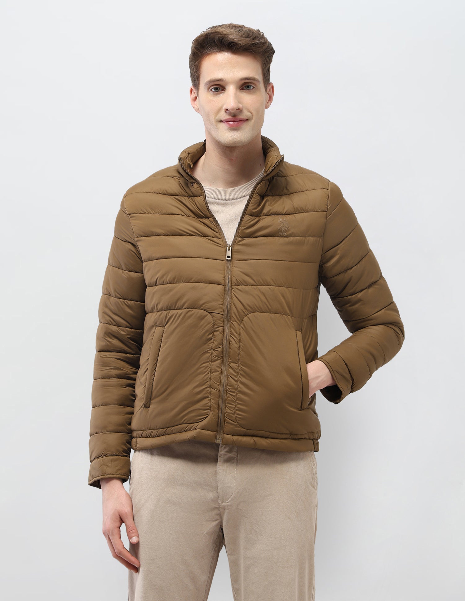 Solid Regular Fit Puffer Jacket Brown - U.S. Polo Assn. India | Large