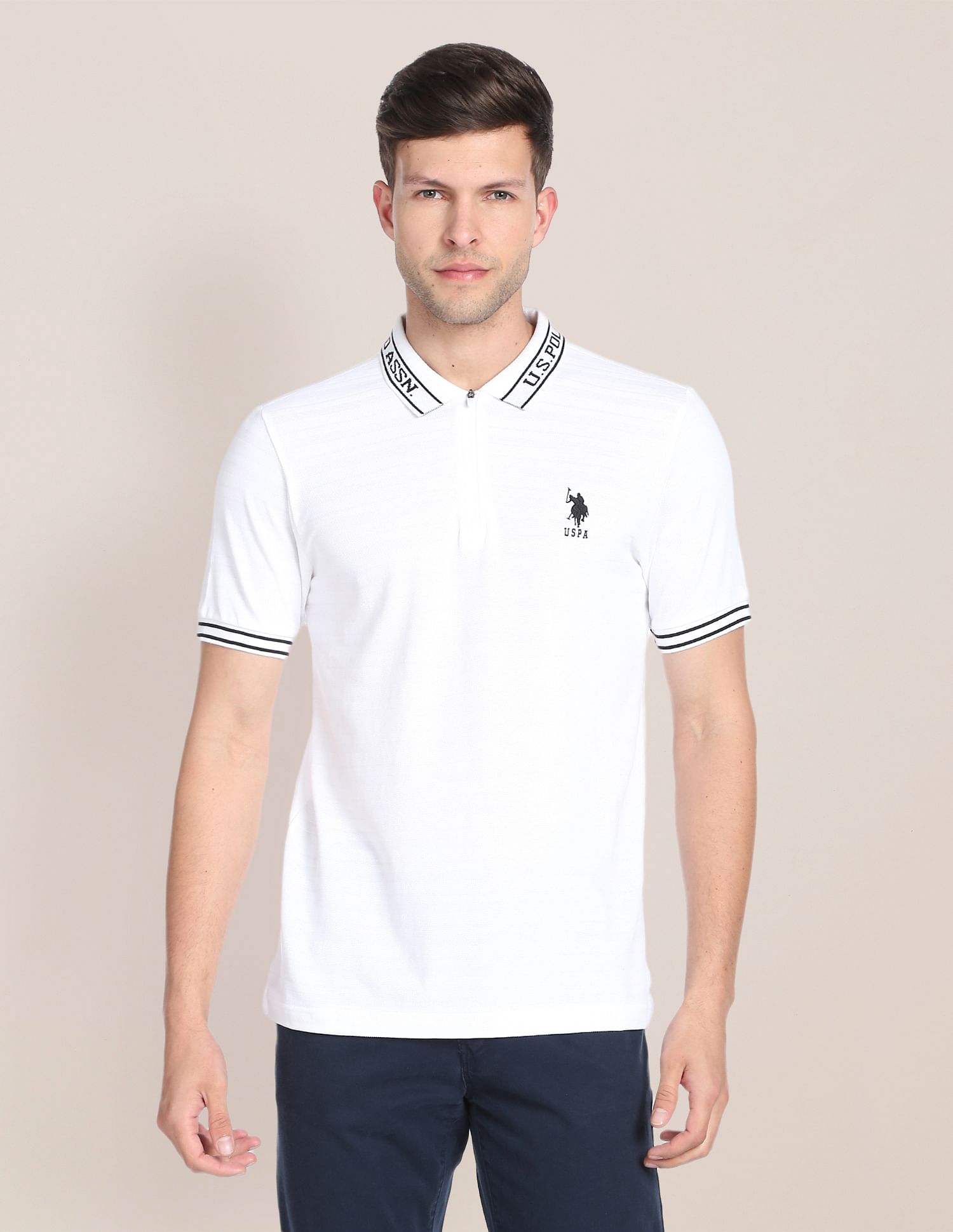 Branded Collar Jacquard Polo Shirt White - U.S. Polo Assn. India | Large