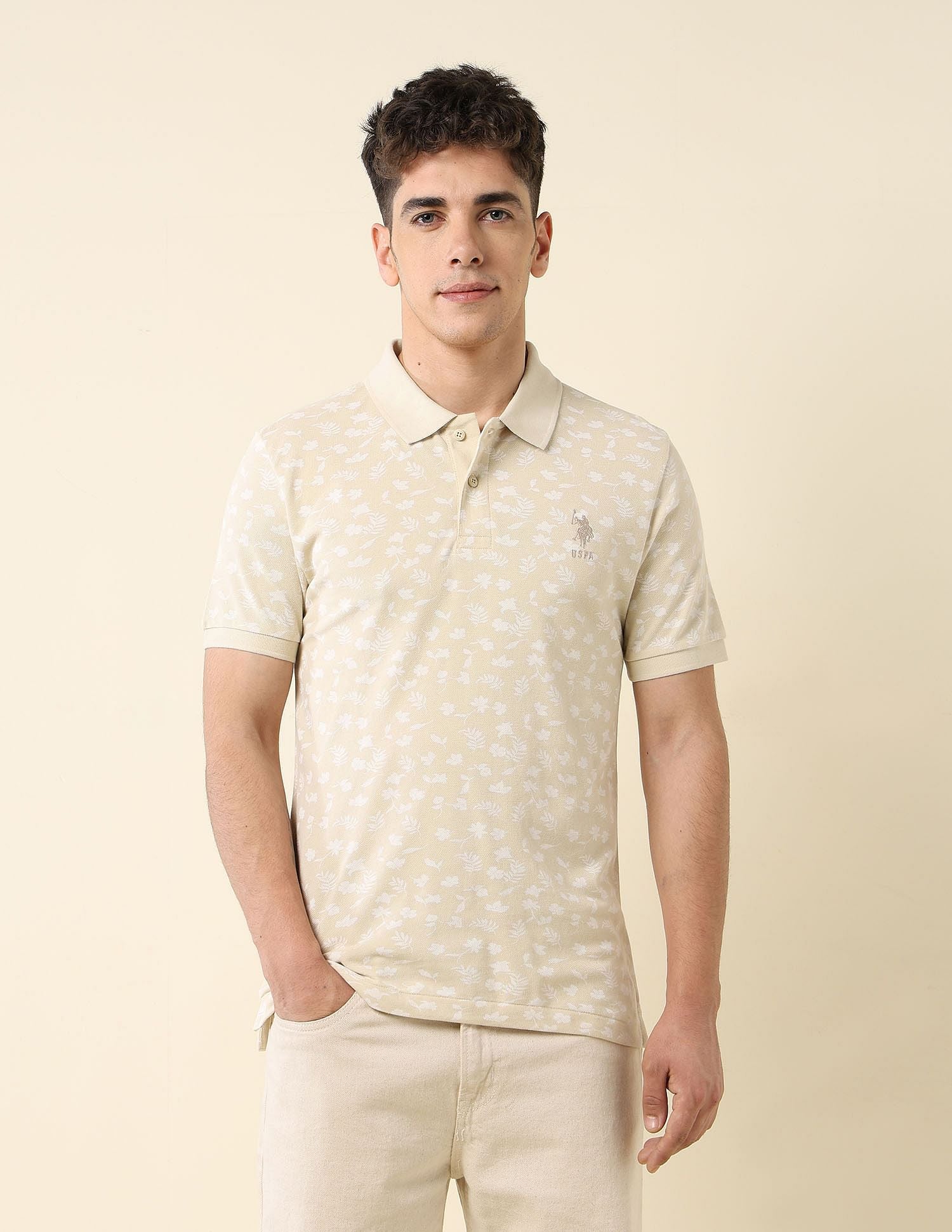 All-Over Printed Slim Fit Polo Shirt Beige - U.S. Polo Assn. India | Large