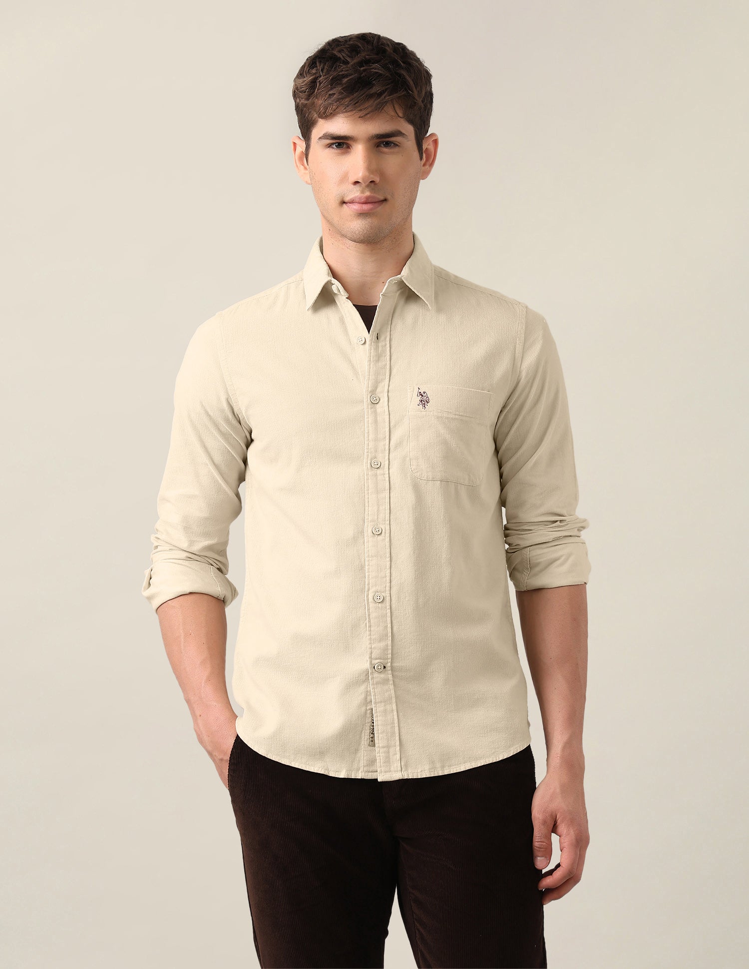 Corduroy Regular Fit Shirt Ivory - U.S. Polo Assn. India | Large