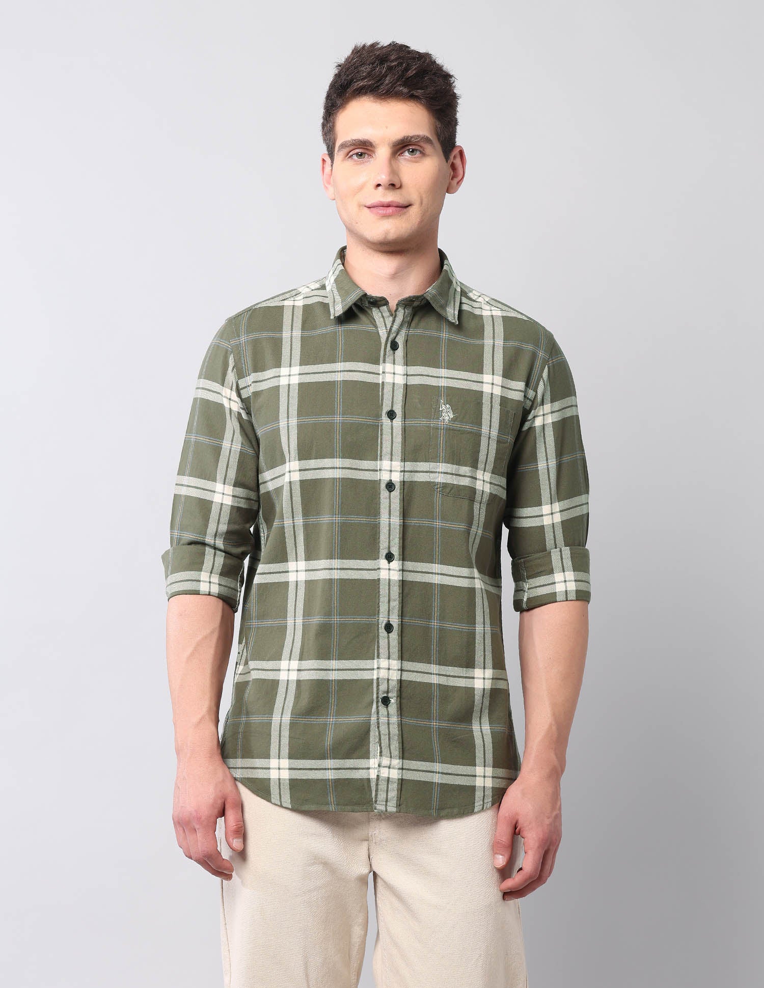 Regular Fit Twill Pure Cotton Shirt Light Olive - U.S. Polo Assn. India | Large