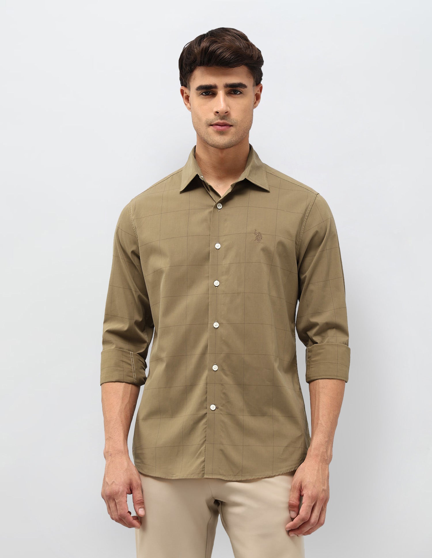 Windowpane Checked Tailored Fit Shirt Brown - U.S. POLO ASSN. | Large