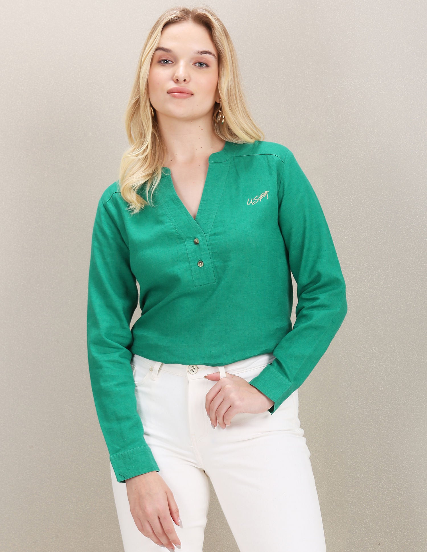 Mandarin Collar Solid Top Green - U.S. Polo Assn. India | Large