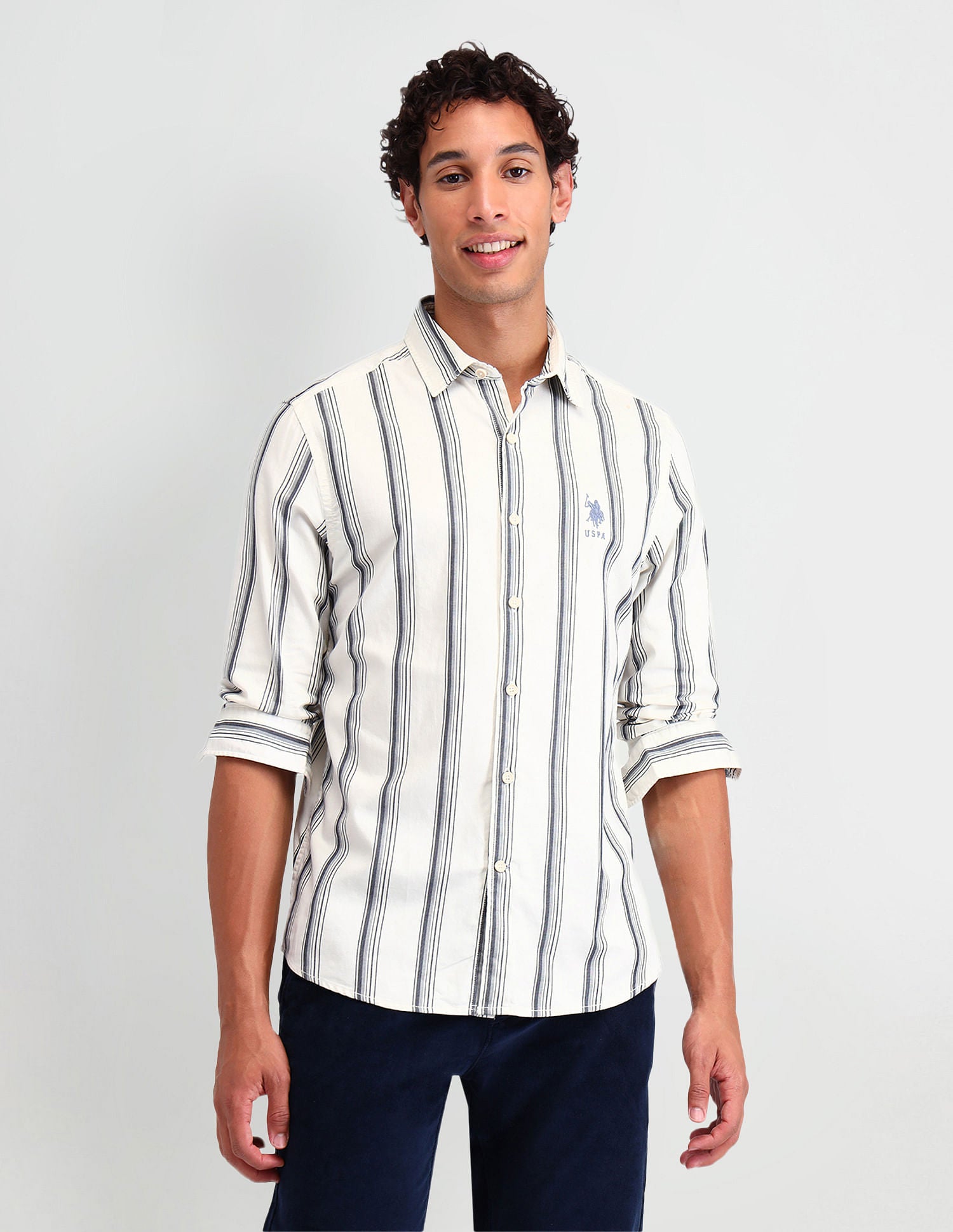 Manhattan Slim Fit Striped Shirt Ivory - U.S. Polo Assn. India | Large