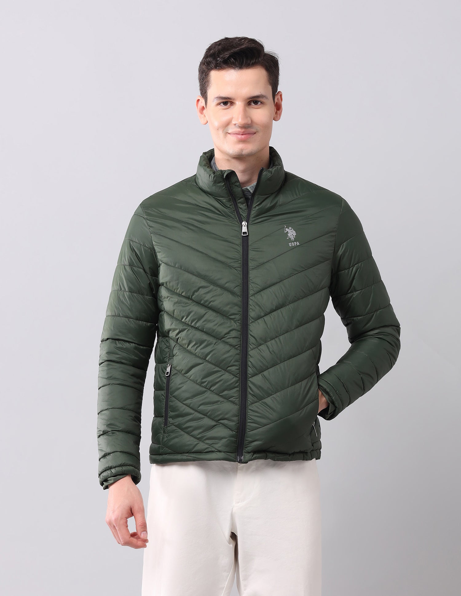 Solid High Neck Jacket Olive - U.S. Polo Assn. India | Large